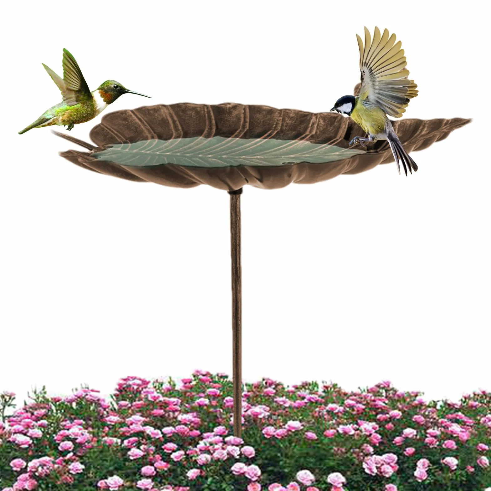 Baño de jardín para pájaros de metal en forma de hoja de hierro fundido