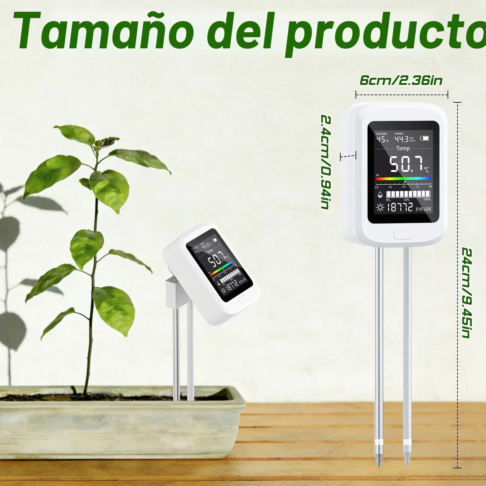 Medidor Digital de Suelo 6 en 1, Pruebas de pH e Intensidad Luminosa para Plantas