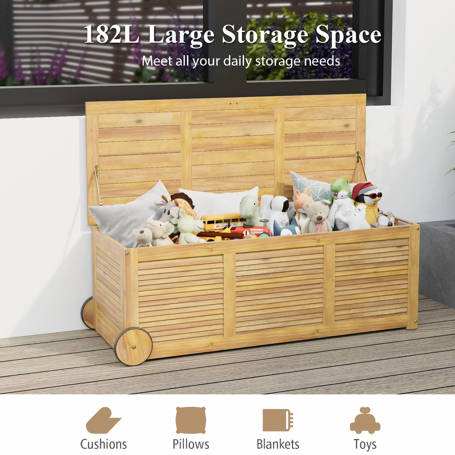 HOMASIS Baúl de jardín 182 l con ruedas madera de acacia impermeable 150 kg carga