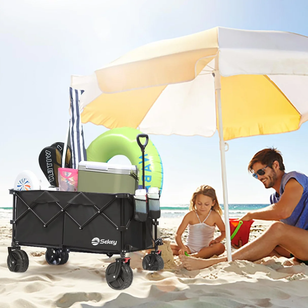 Sekey XXL Plus Carro Playa Ruedas Grandes con Frenos 200L 200KG, Carrito Plegable Todo Terreno SE4011, Negro Profundo