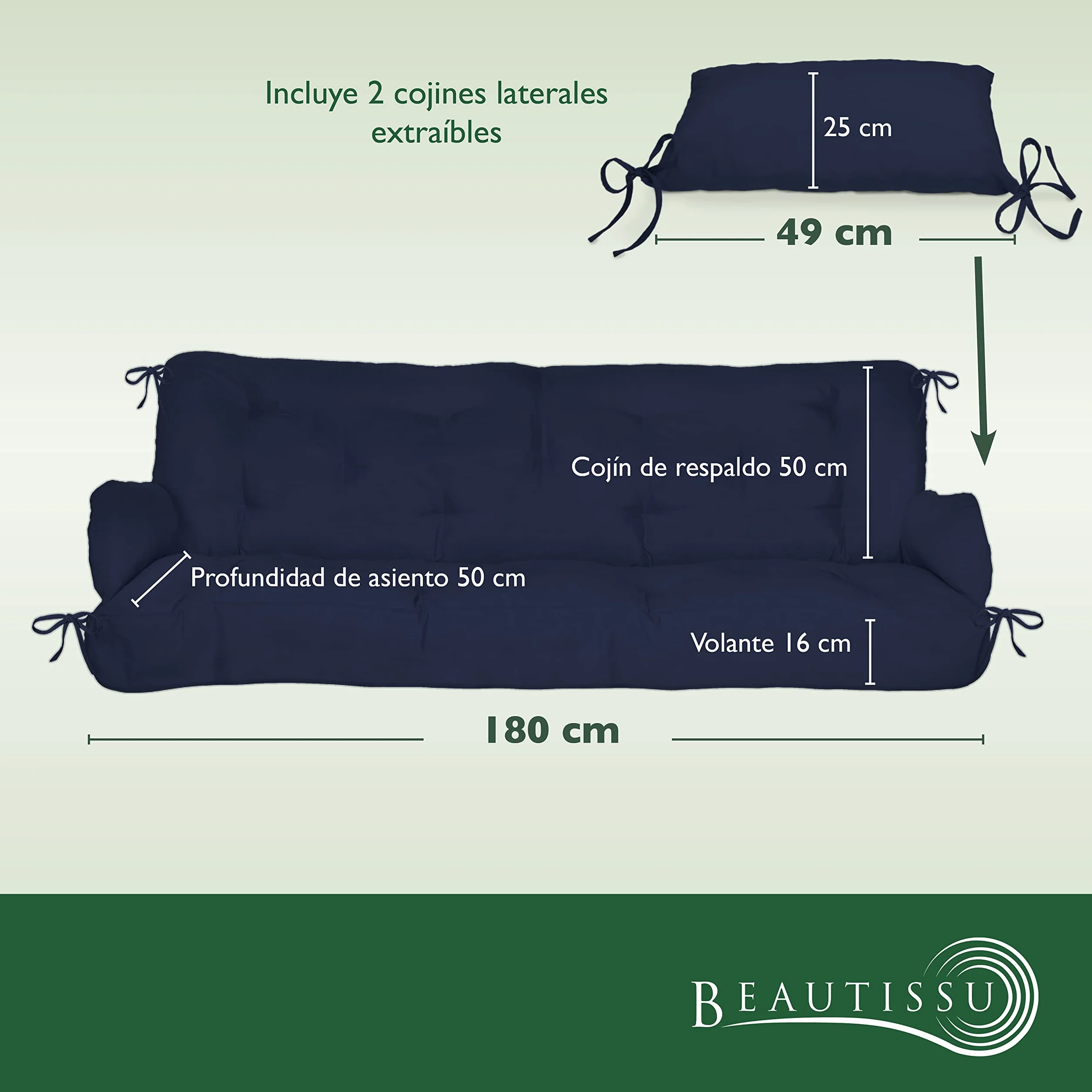 Beautissu Cojín para Columpio de Jardín 180x50x8 cm Flair HS – Cojín de Exterior con 2 Cojines – Colchoneta para Banco de Jardín, Relleno de Copos de Espuma - Azul Marino