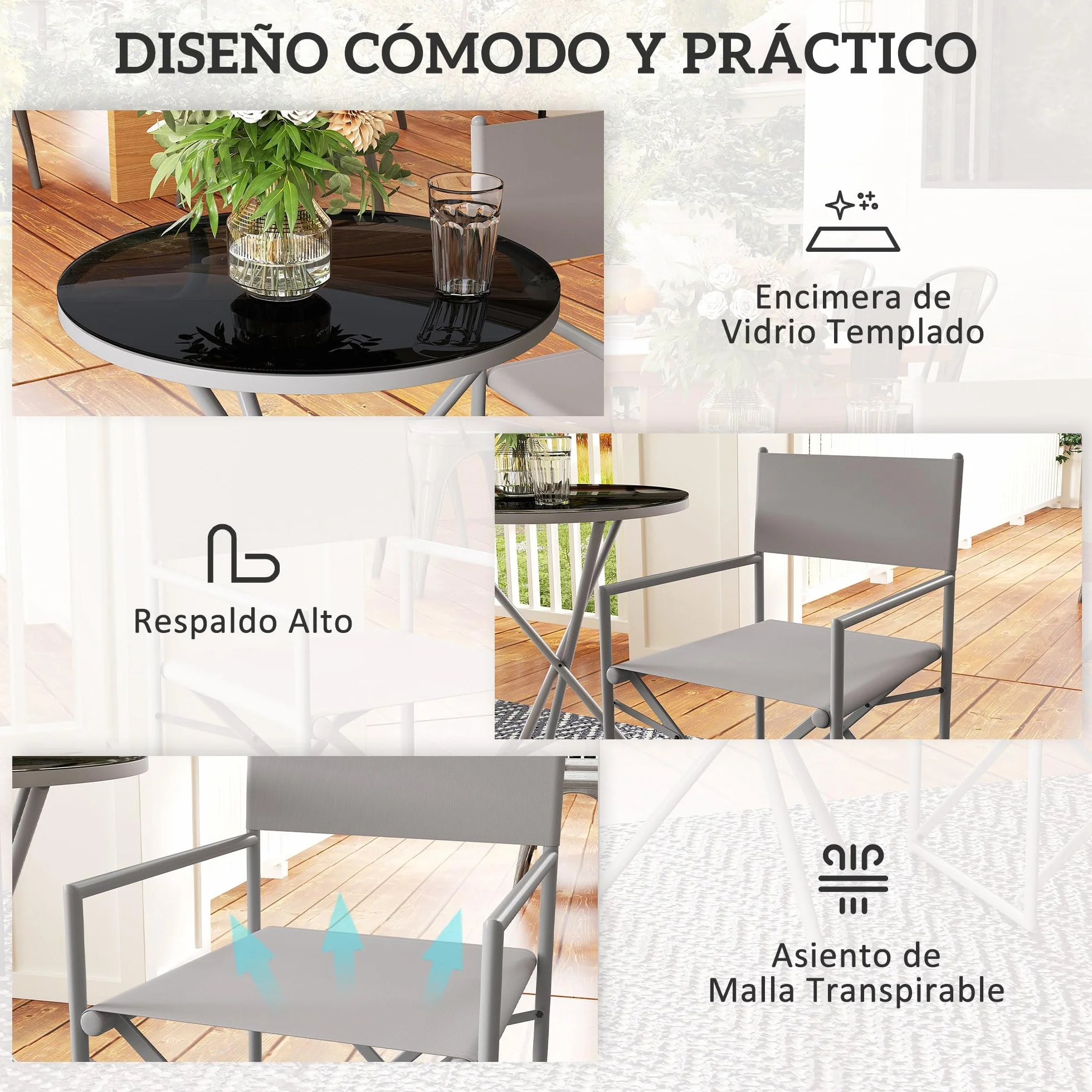 Outsunny Conjunto de Muebles de Jardín de 3 Piezas con Sillas Plegables y Mesa de Vidrio Templado Gris Oscuro