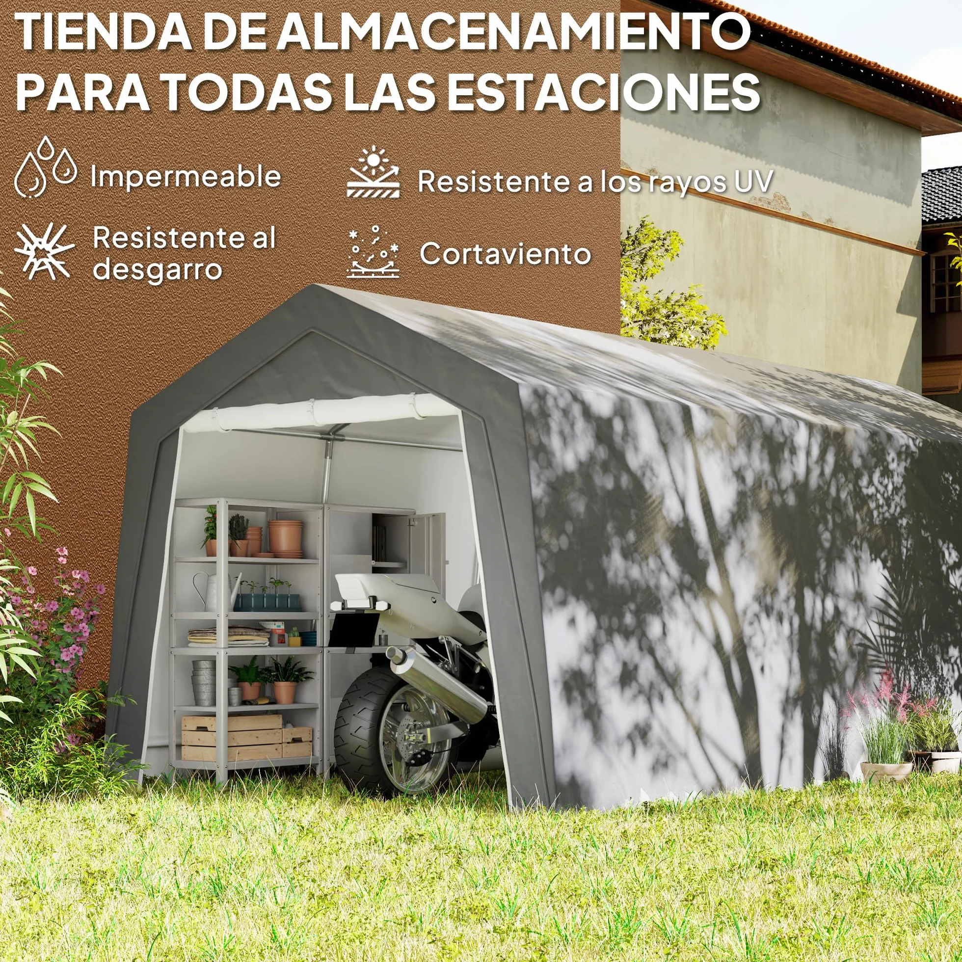 Outsunny Cobertizo Jardín Exterior 300x597x257 cm Impermeable Carpa Almacenamiento Gris