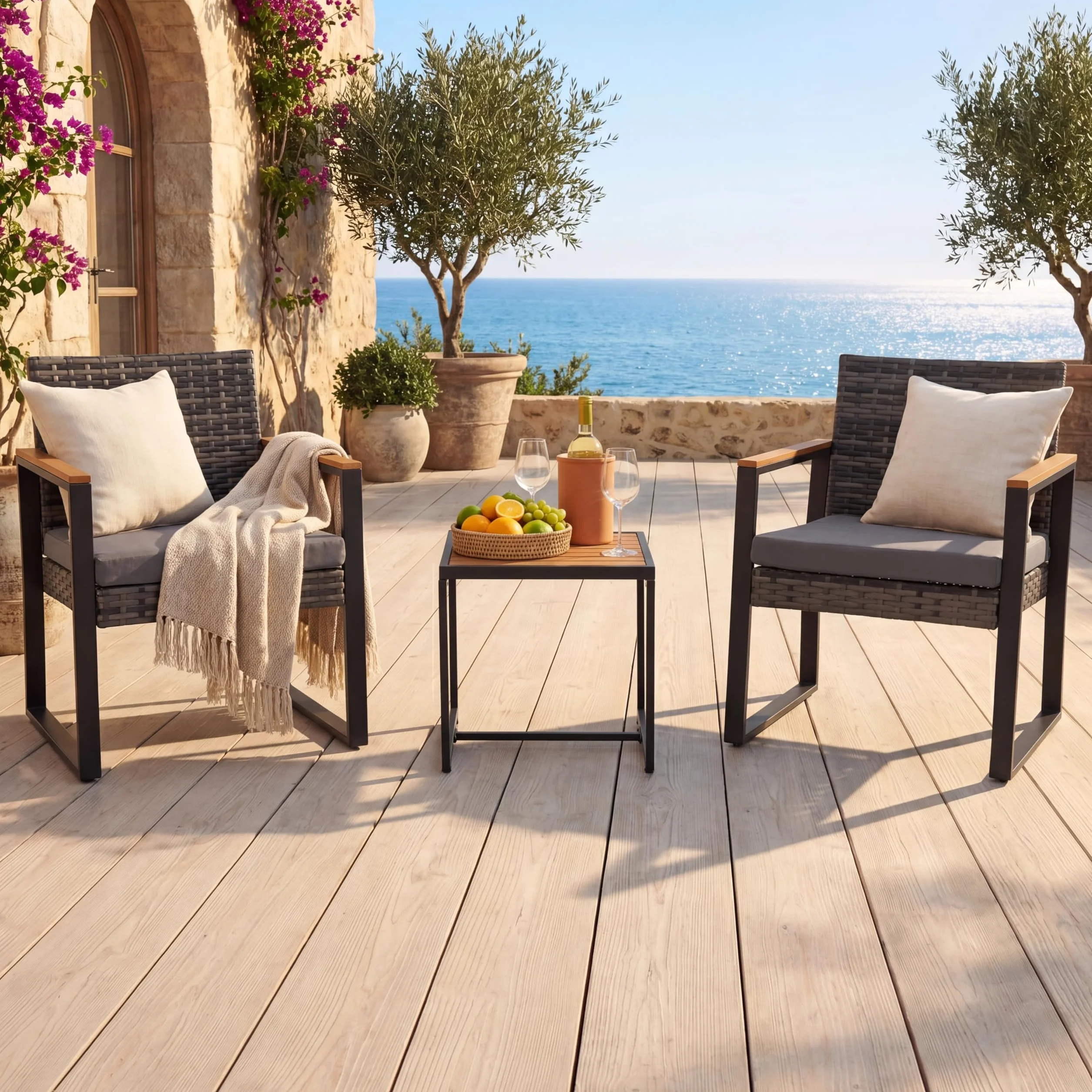 LIFEZEAL Set de 3 Piezas Muebles de Ratán PE, Mesa y Sillas Exterior, Cojines y Patas Ajustables Gris