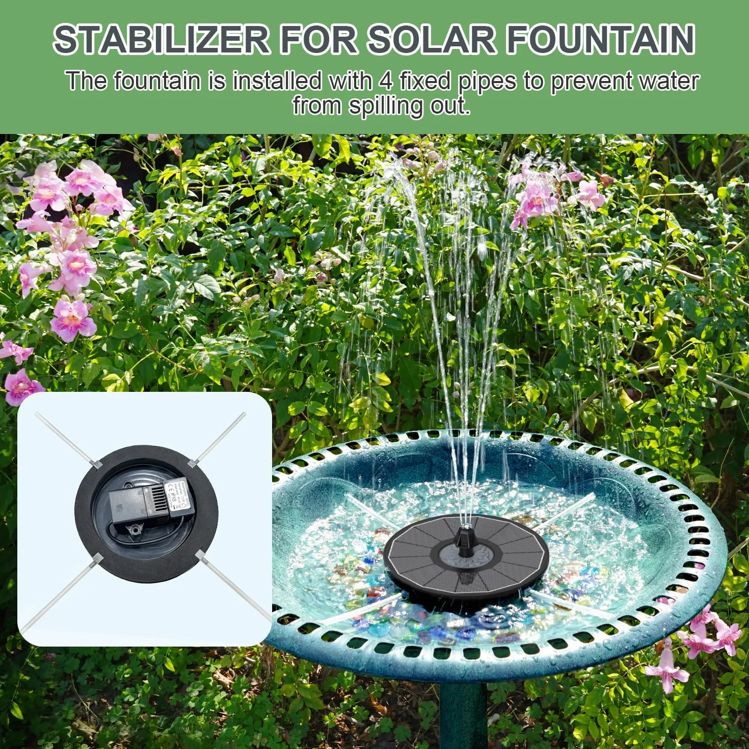 SZMP Fuente Solar Bomba 3.5W Vidrio Solar Panel Bomba de Agua Solar 8 Boquillas 4 Fijadores para Estanque Jardín Exterior