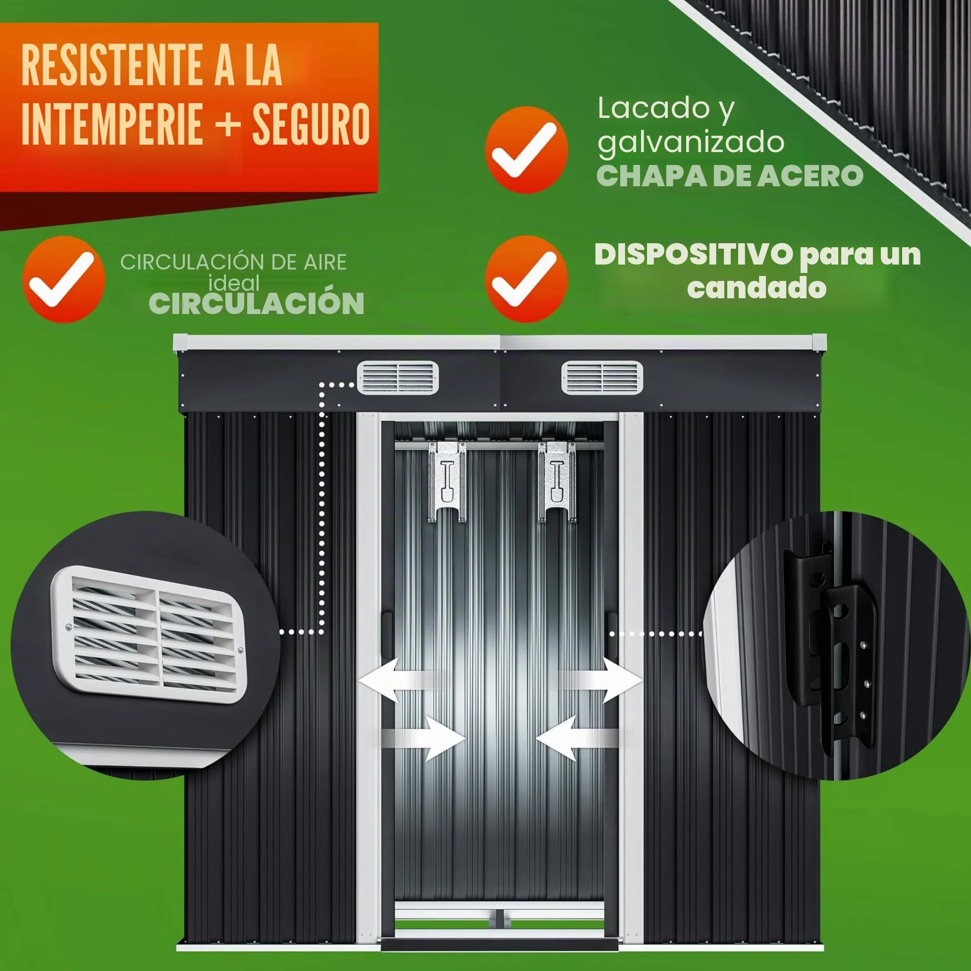 Cobertizo de Jardín Metálico 2m² 200x125x185cm Puerta Corrediza Antracita