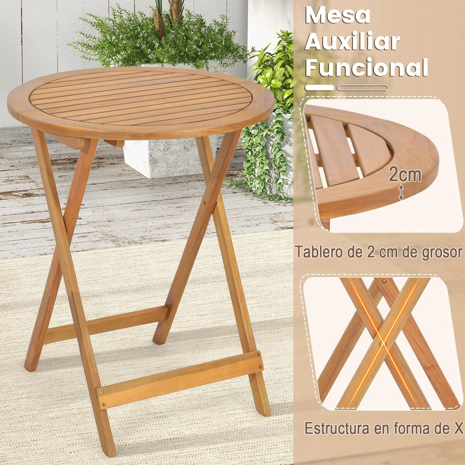 COSTWAY Conjunto Mesa y Sillas Jardin, Mesa Redonda y 2 Sillas Plegables de Madera de Acacia para Exterior
