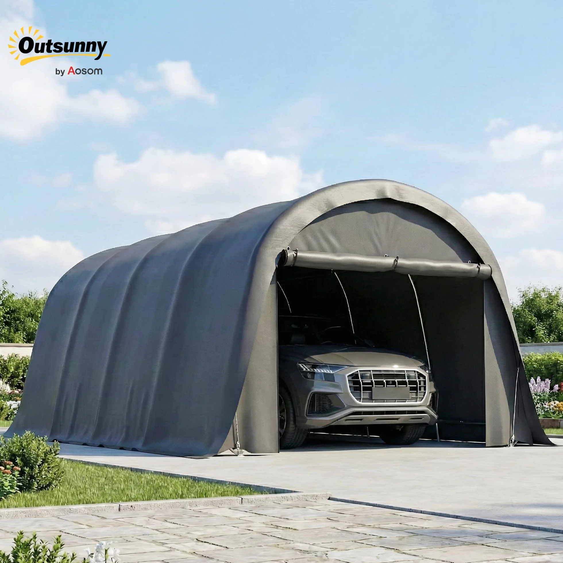 Outsunny Carport impermeable 3x6 m con paredes laterales extraíbles puerta enrollable techo arqueado UPF50+