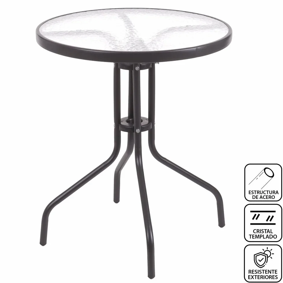 LOLAhome Conjunto Jardín Exterior Mesa y 2 Sillas Cristal Templado Ø60cm Ratan Natural Apilables