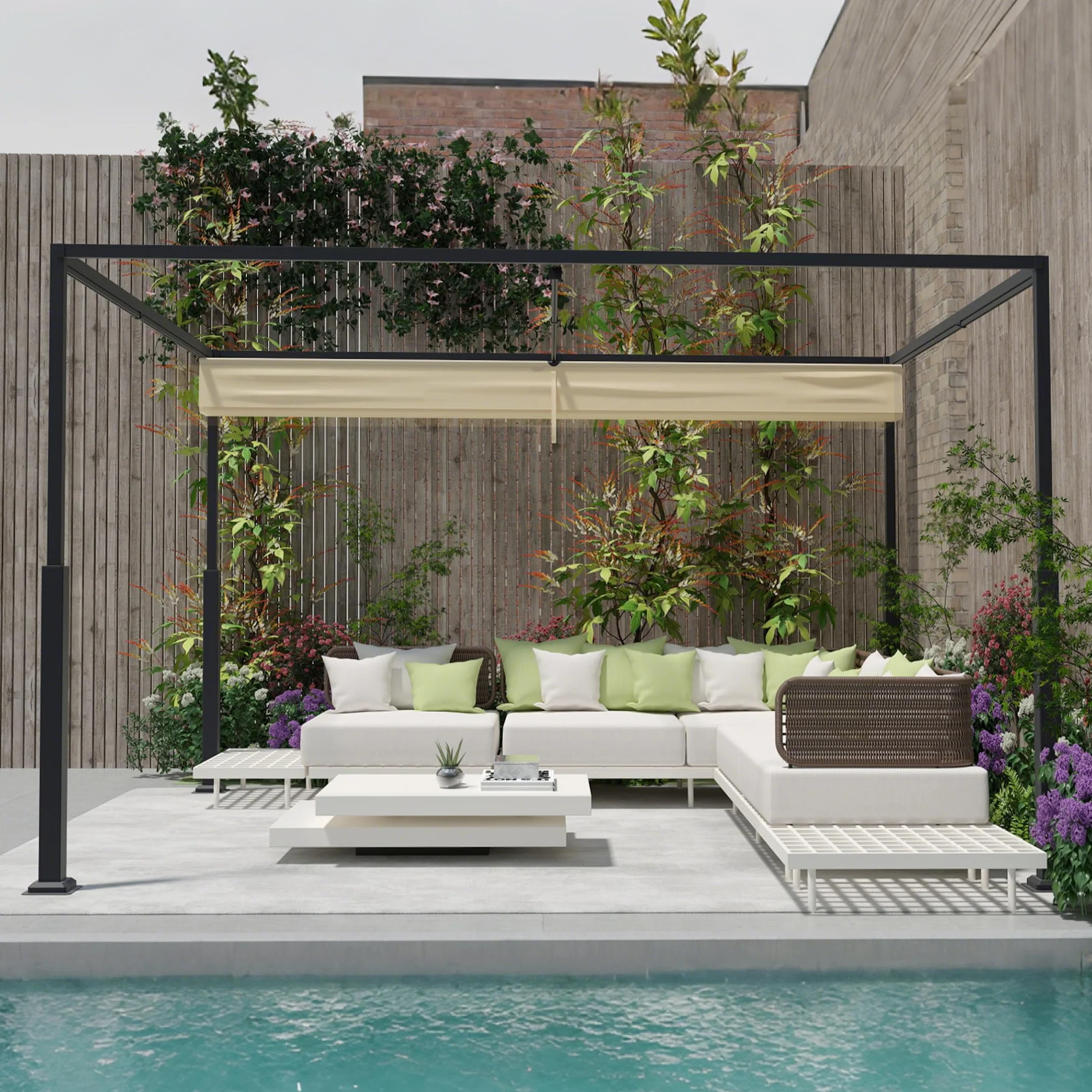Pérgola para exteriores de 3 x 4 m, marco de metal estable, con protección solar y viento, techo solar, toldo retráctil para jardín, terraza y balcón (beige)