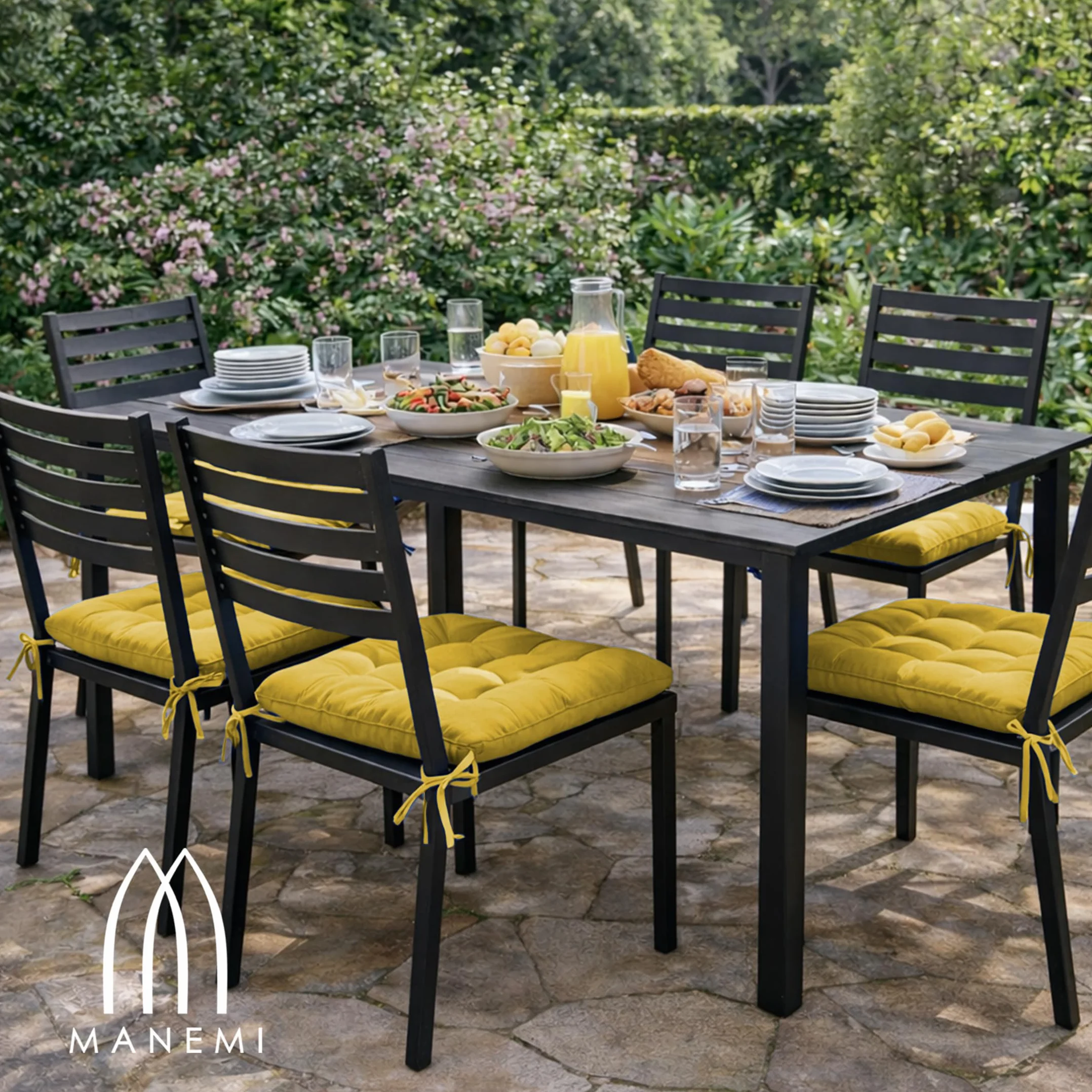 MANEMI Pack 4 Cojín para Silla 45x45x5 cm Repelente al Agua Fácil de Limpiar Cintas de sujeción Interior Exterior