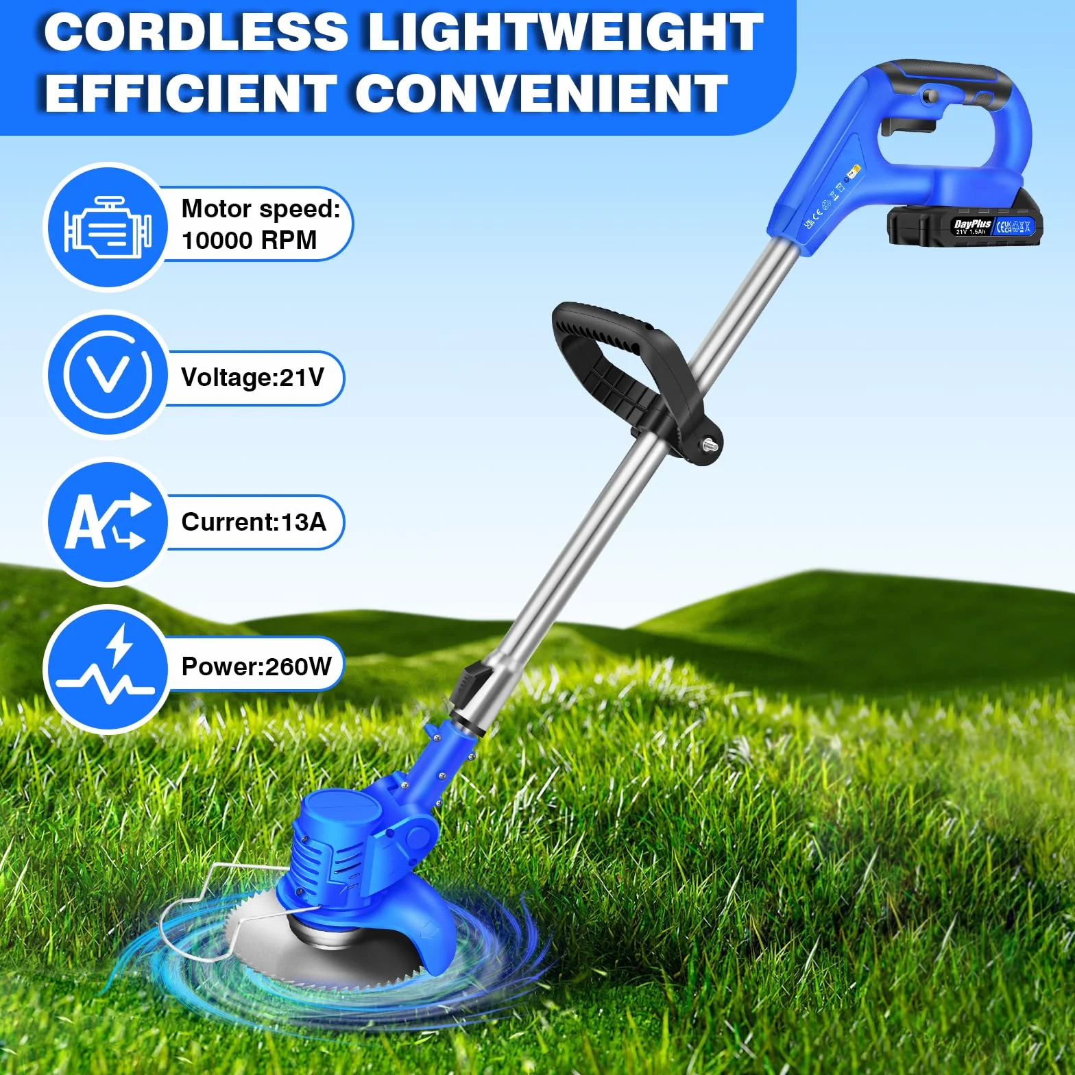Desbrozadora Eléctrica 21V Ion-Litio Barredora De Hierbas Eléctrica Sin Cable, Ligera Recortadora De Césped, 2* Baterías 1500mAh, 10 Cuchillas Metálicas, 1 Hoja De Sierra Circular, Azul