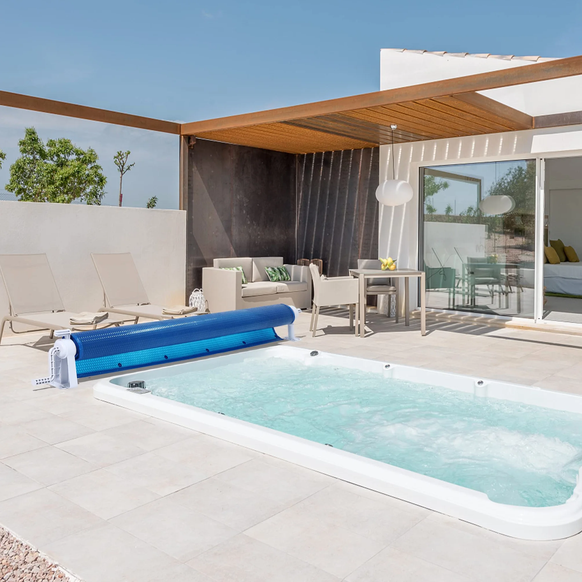 Aufun Enrollador de Piscina Premium 1,05 – 6,15 m Sistema de Enrollado Móvil con 8 Bandas de Fijación