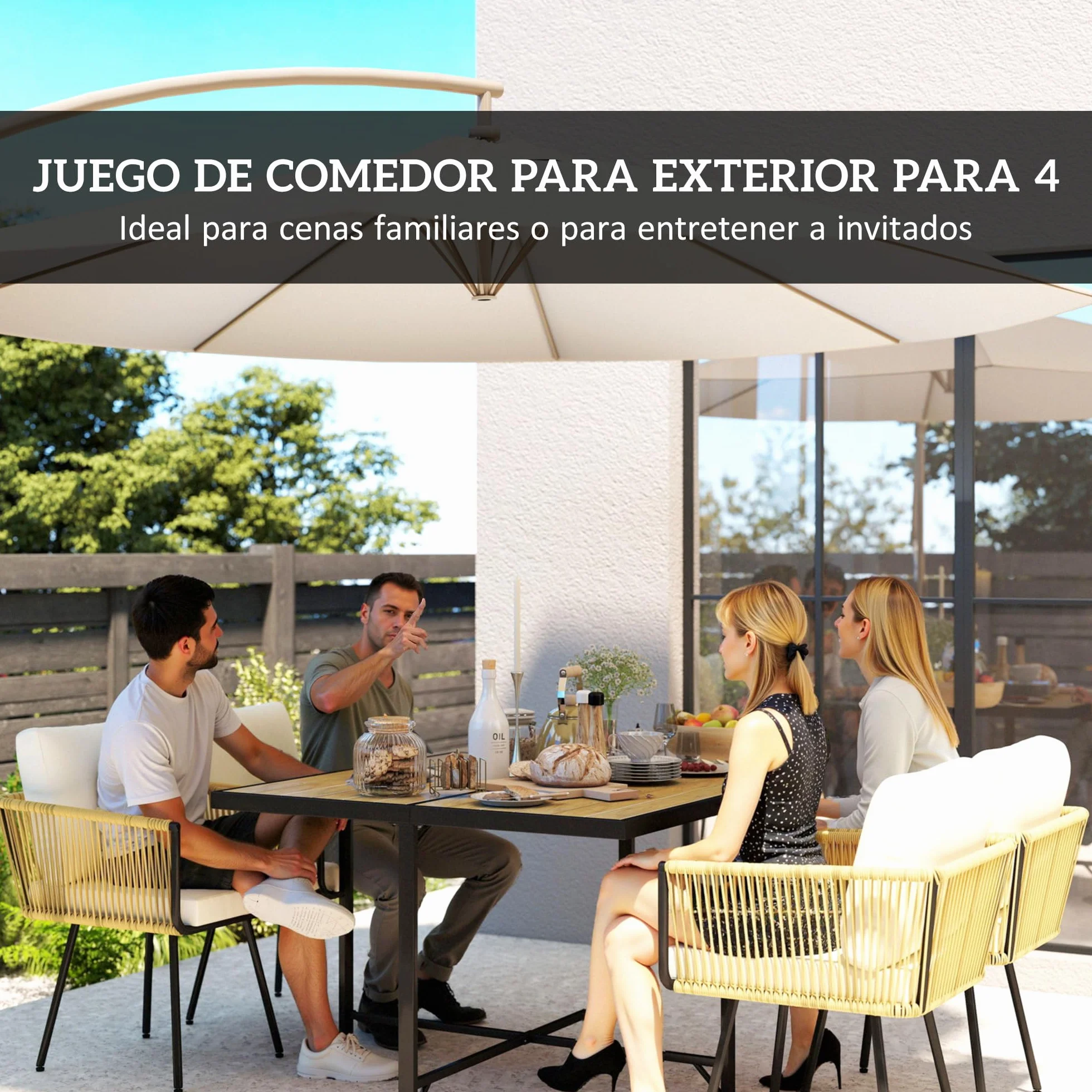 Outsunny Conjunto de Mesa y Sillas Jardín de Ratán de 5 Piezas, Muebles Jardín Exterior con Mesa de Plástico-Madera y 4 Sillas con Cojines Extraíbles, Marco de Metal Resistente para Terraza, Beige