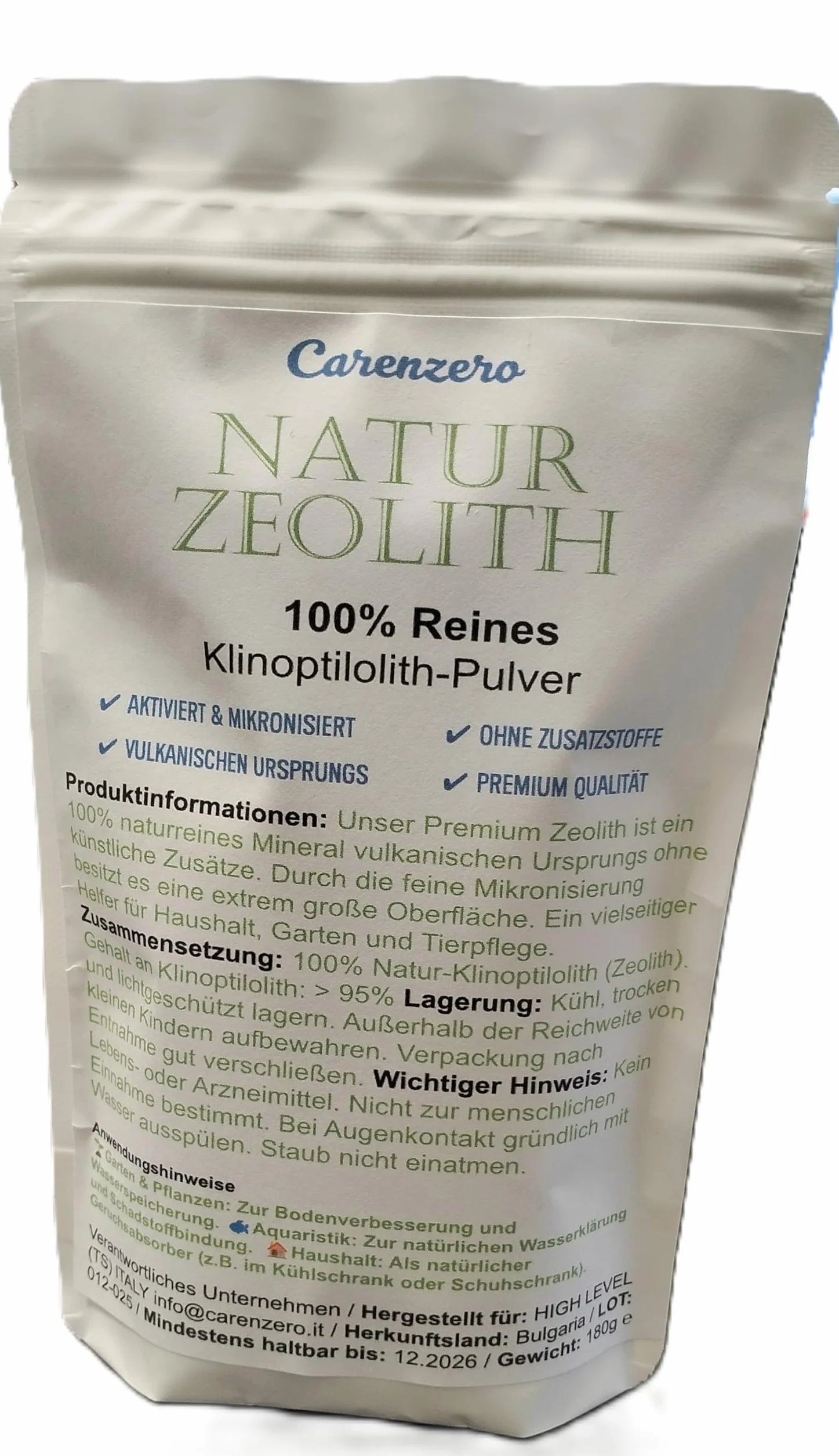 Zeolita clinoptilolita en polvo 95% micronizado activado 180 g tierra volcánica fina molida sin aditivos
