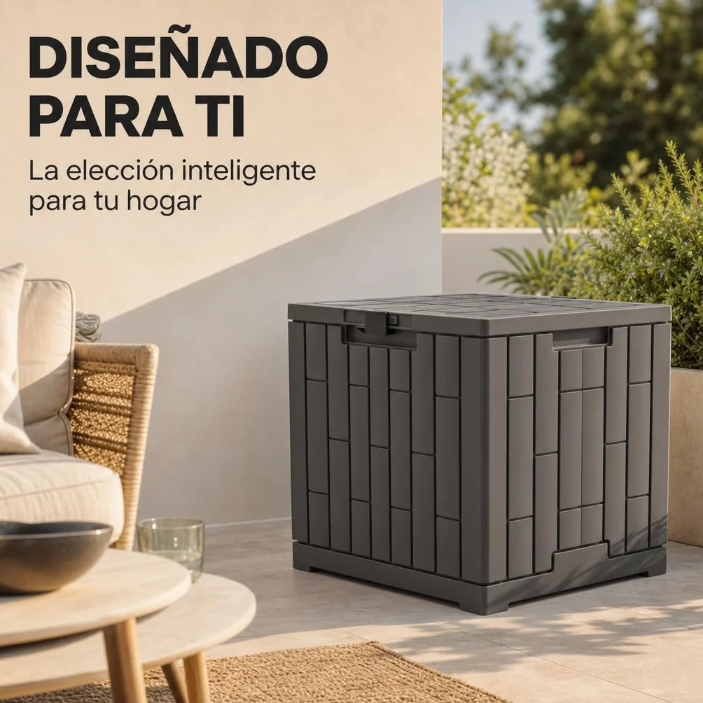 Arcón de Almacenamiento Exterior con Tapa Reforzada y Cierre de Seguridad – Baúl de Jardín Plástico Resistente a UV, Lluvia e Impactos