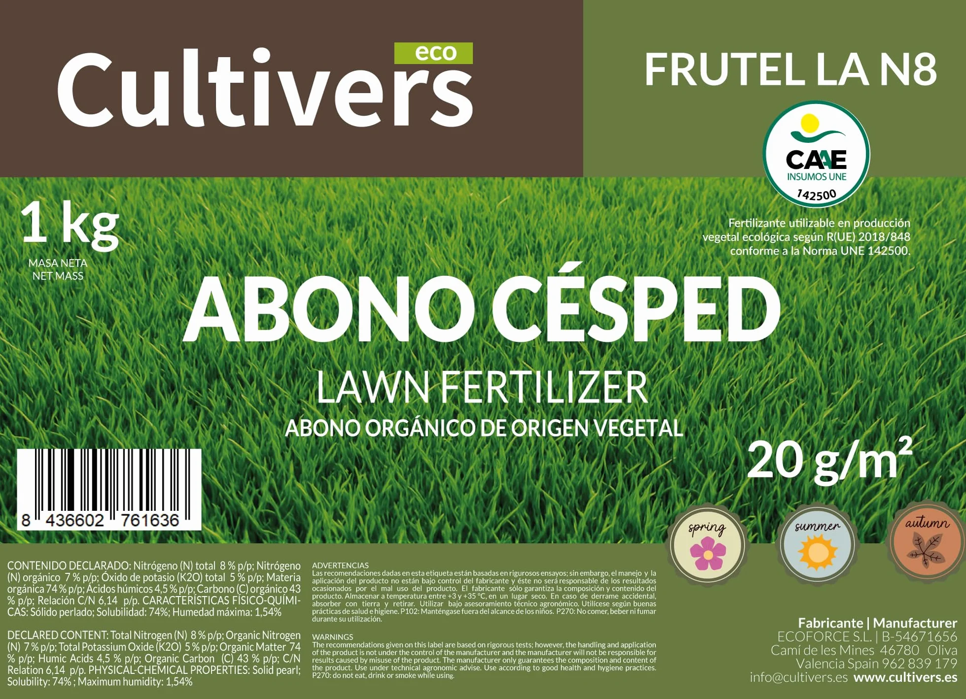 CULTIVERS Abono Césped Ecológico 5 kg Fertilizante Granulado NPK 8-1-5 Liberación Lenta