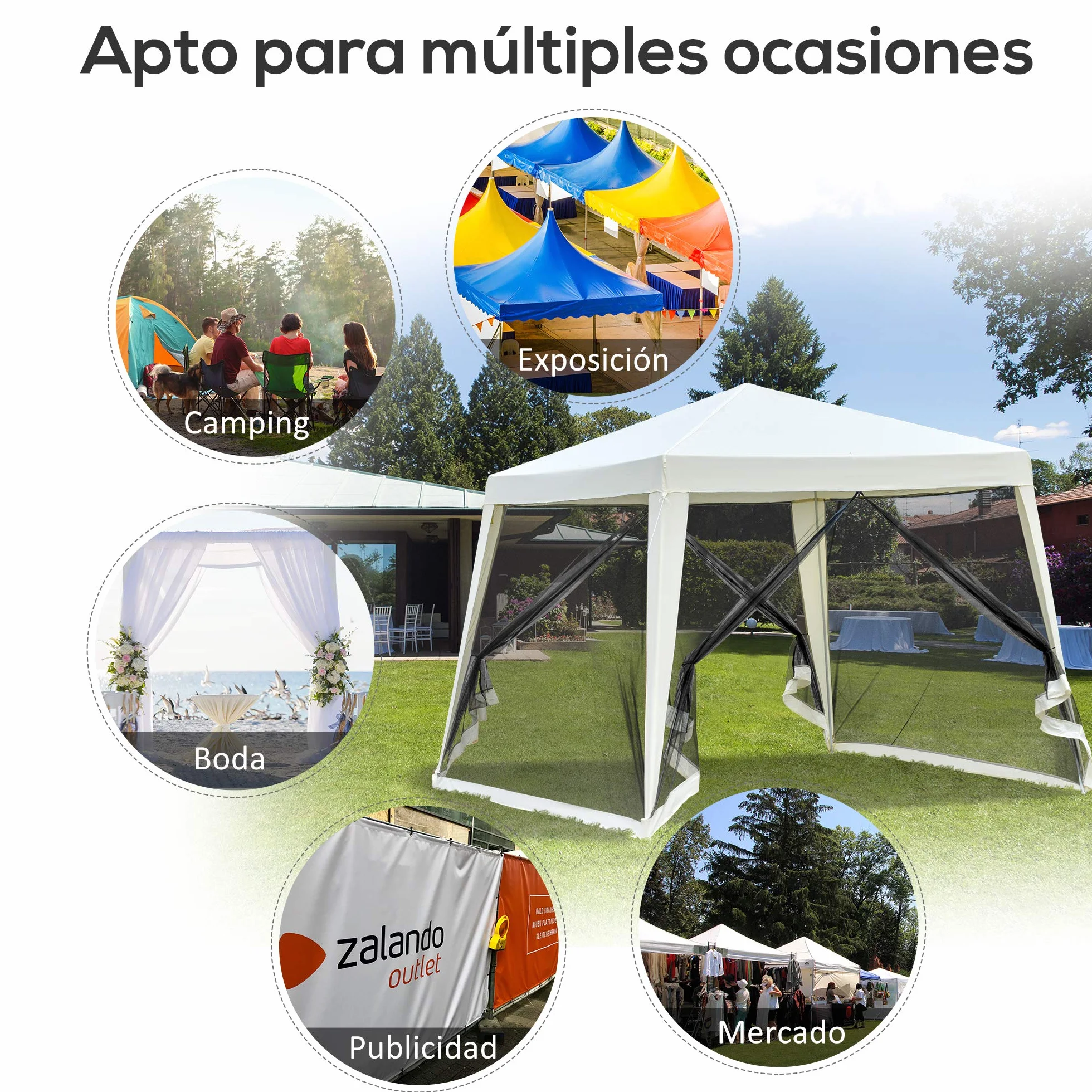 Outsunny Carpa de Jardín 3x3 m Cenador con 4 Partes Laterales Mosquitera con Cremallera Protección UV Impermeable para Patio Exterior Eventos Fiesta Crema