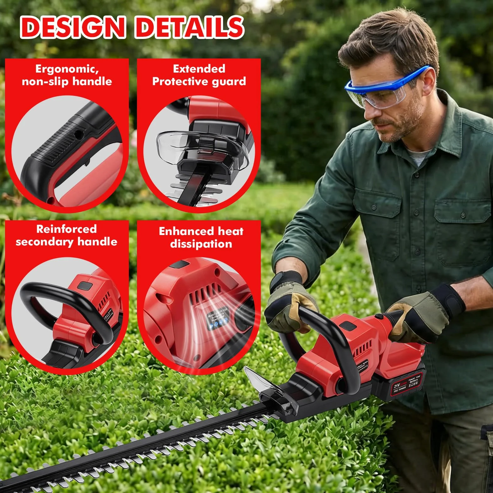 Cortasetos inalámbrico 21 V con 2 baterías de 3000 mAh y cargador, longitud de corte de 56 cm, separación entre dientes 18 mm, cuchilla doble filo SK5, cortasetos eléctrico 850 W para setos y arbustos