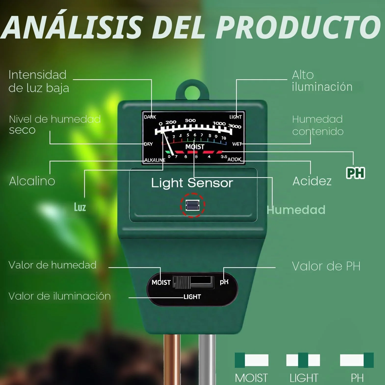 Medidor de Humedad y pH de Suelo, Higrómetro Sensor de Luz Preciso para Plantas Interior y Exterior