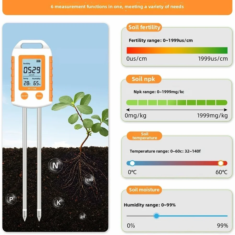 YY-1104 Medidor de prueba de suelo para paisajismo y cultivo Medidas Nitrógeno Fósforo Potasio pH Humedad y temperatura