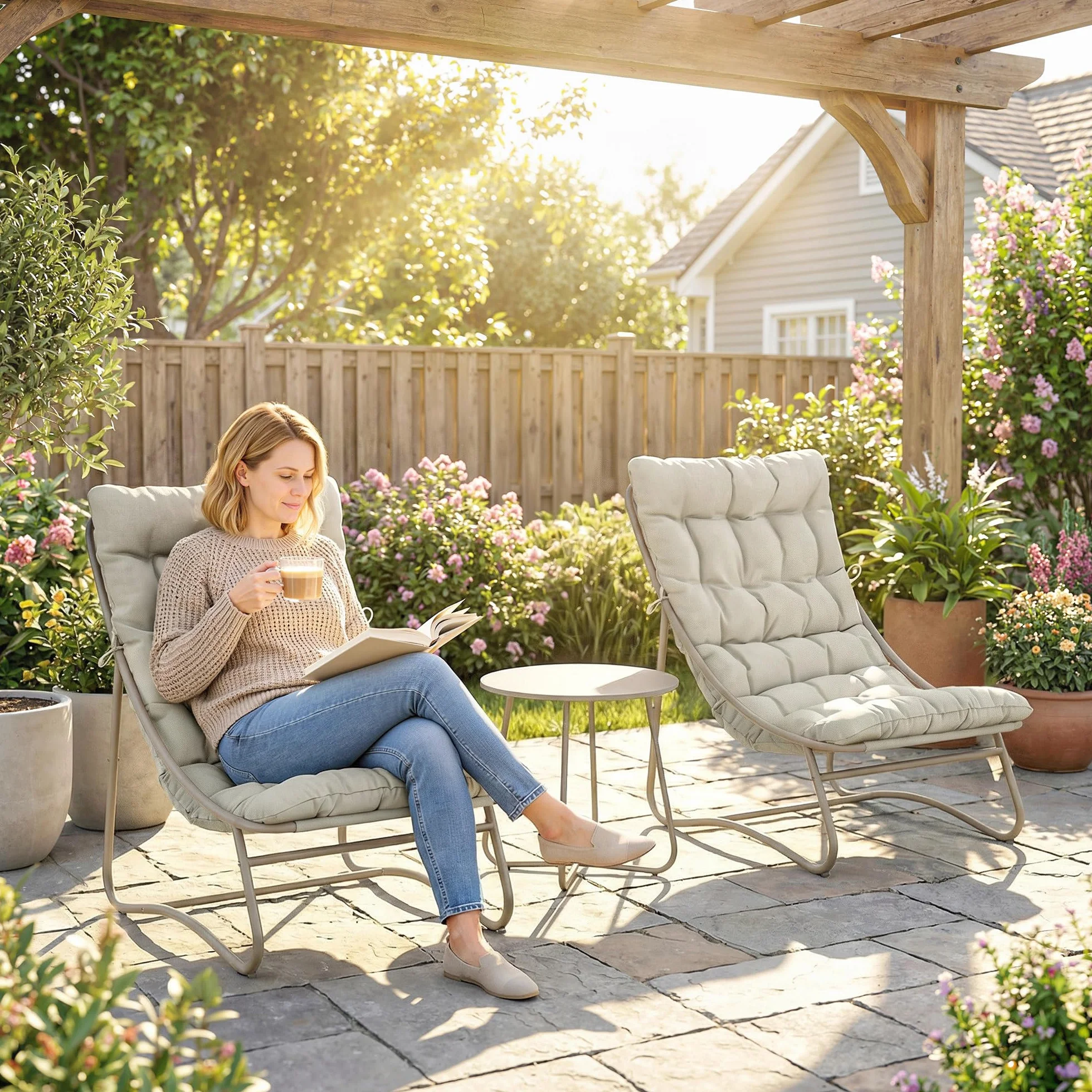 Outsunny Conjunto de Mesa y Sillas de Terraza Exterior 3 Piezas, Muebles de Jardín con Cojines, Gris Claro