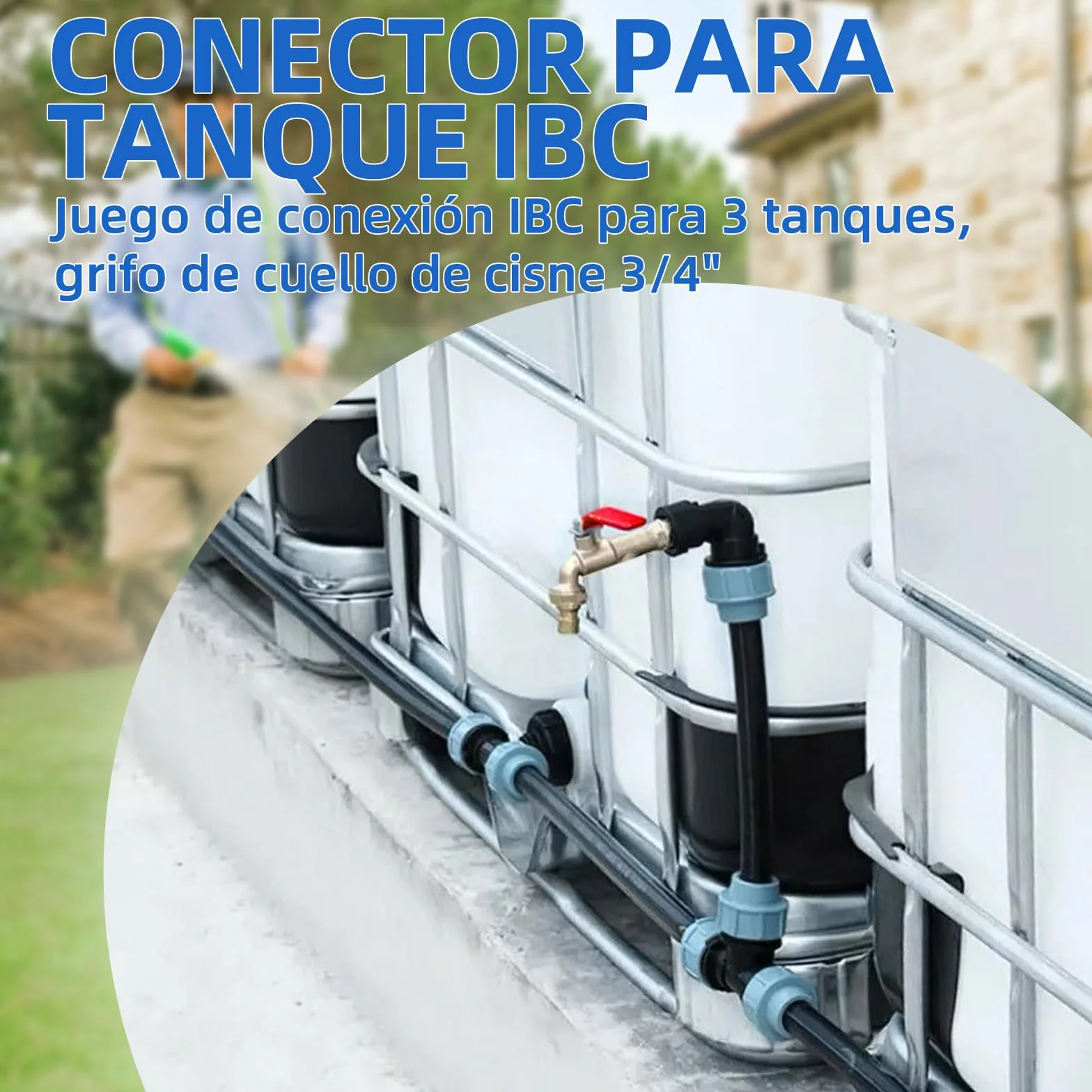 Kit de conexión para 3 depósitos IBC, grifo 3/4", conexión de manguera, riego de jardín