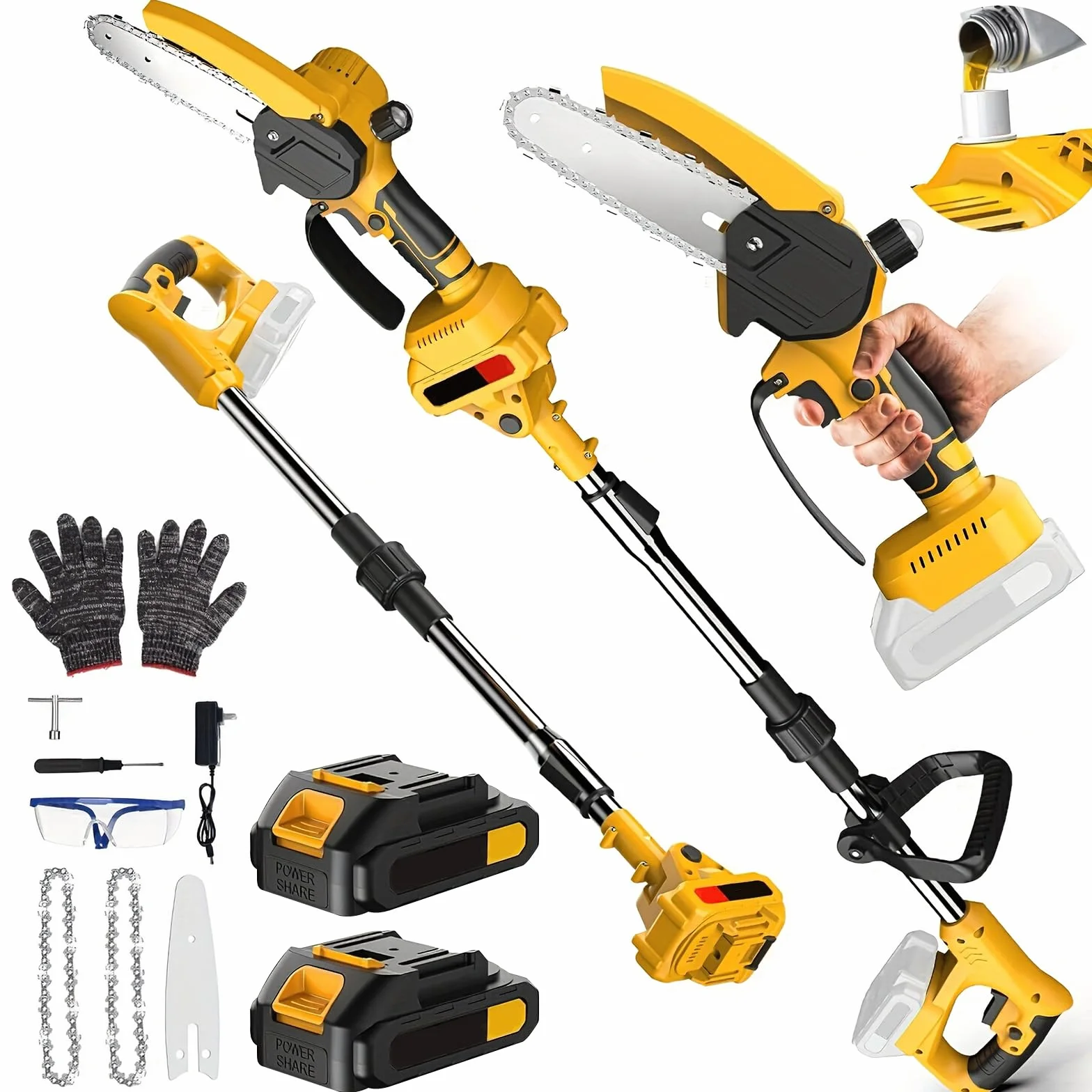 Motosierra Telescópica 2 En 1,6 Pulgadas Motosierra Telescópica Y Mini Motosierra,Extensión Hasta 5 M,Podar Arboles Patio De Jardín Árboles,(2 2000Mah Baterías)