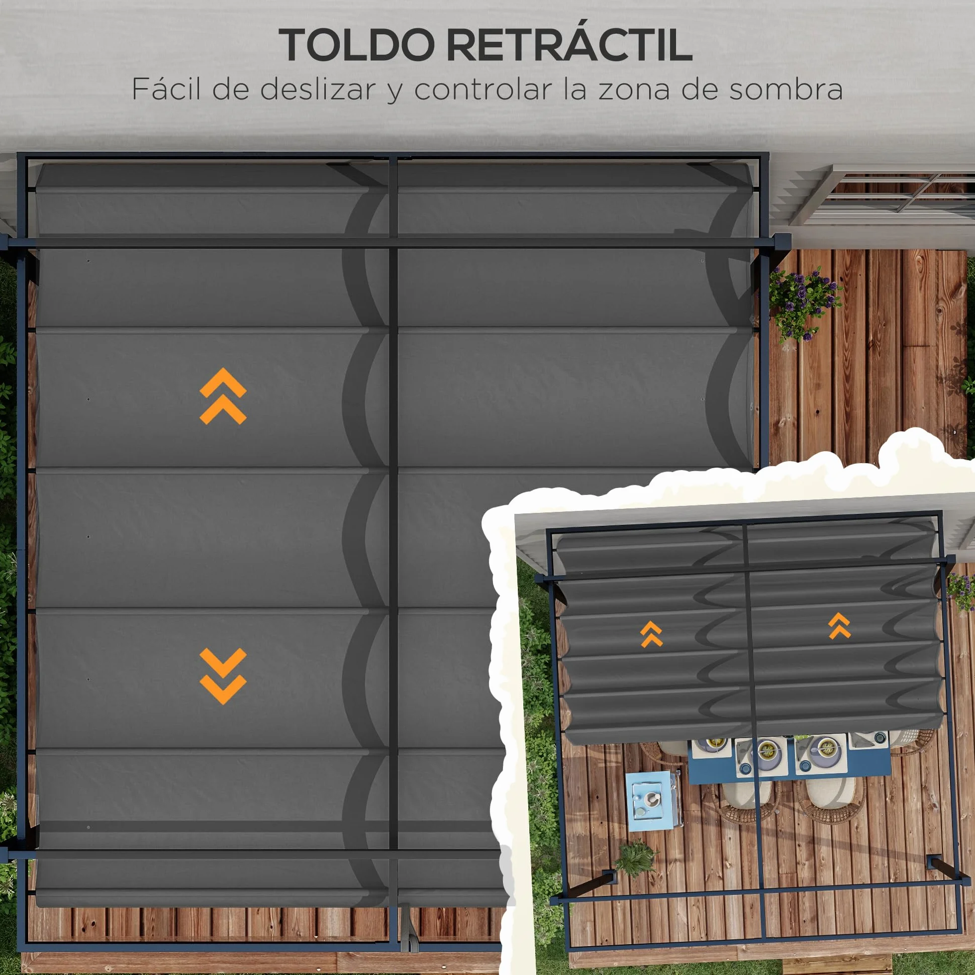 Outsunny Pérgola 3x4 m Gazebo Cenador de Jardín con Techo Retráctil de Poliéster y 12 Orificios de Drenaje Pérgola para Patio Terraza Exterior Gris Oscuro
