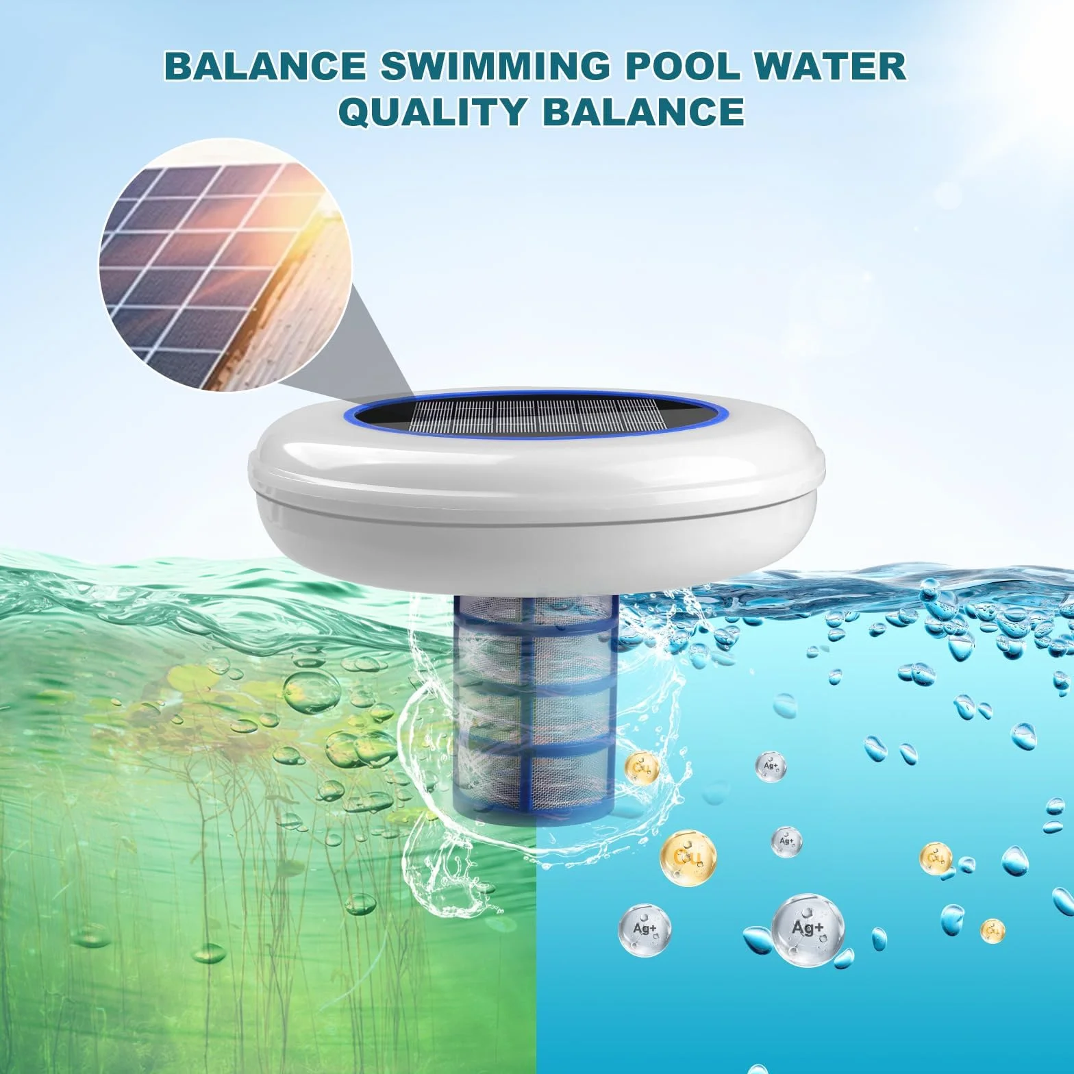 Ionizador Solar para Piscina, Depuradora Solar 35.000 Galones, Cobre y Plata con Cepillo y Tiras de Prueba
