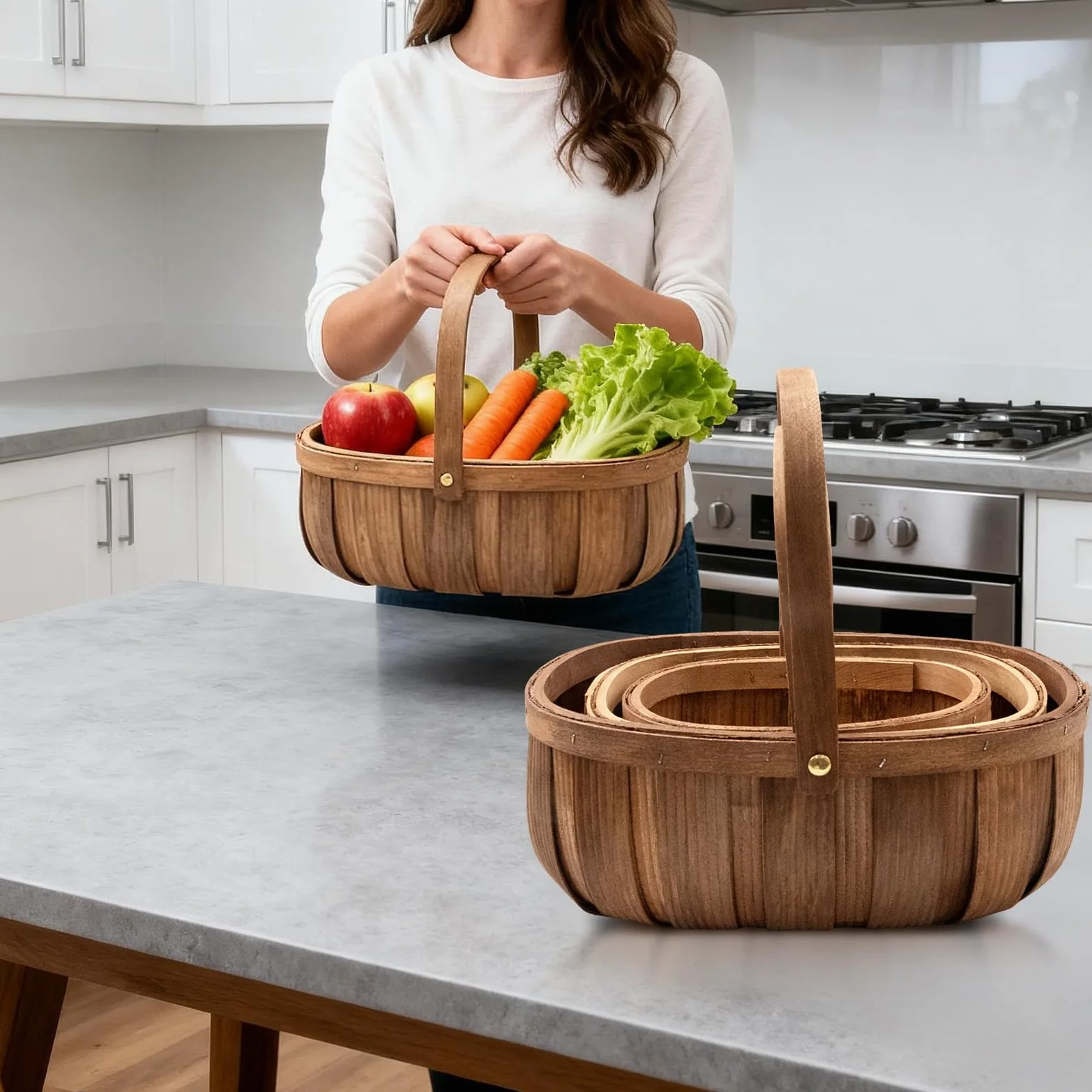 Paquete de 3 cestas de madera para pan, cesta de picnic tejida a mano con asas, organizador de almacenamiento para verduras, frutas, bodas, 3 tamaños