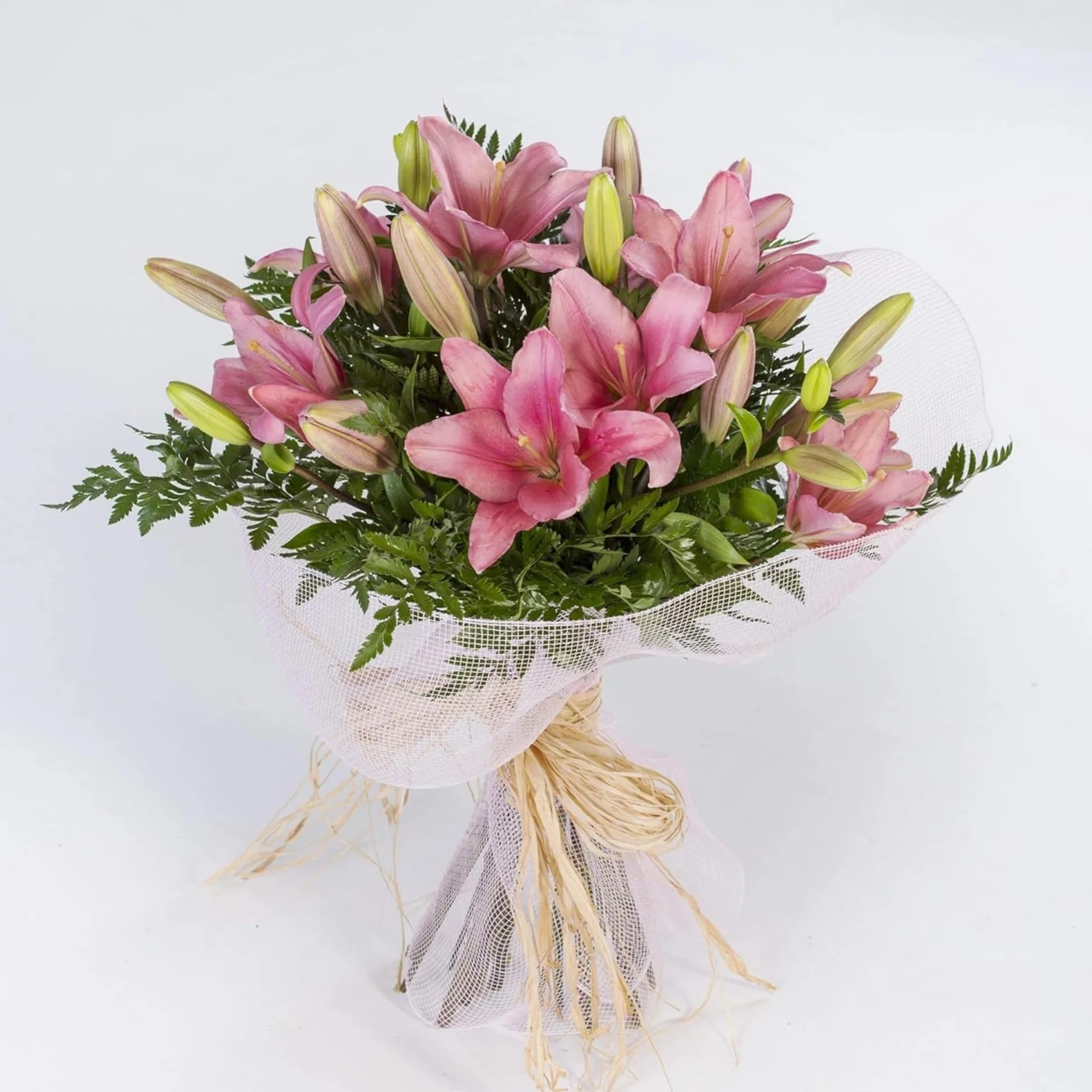 Ramo de flores naturales a domicilio Lilium rosa con tarjeta de dedicatoria