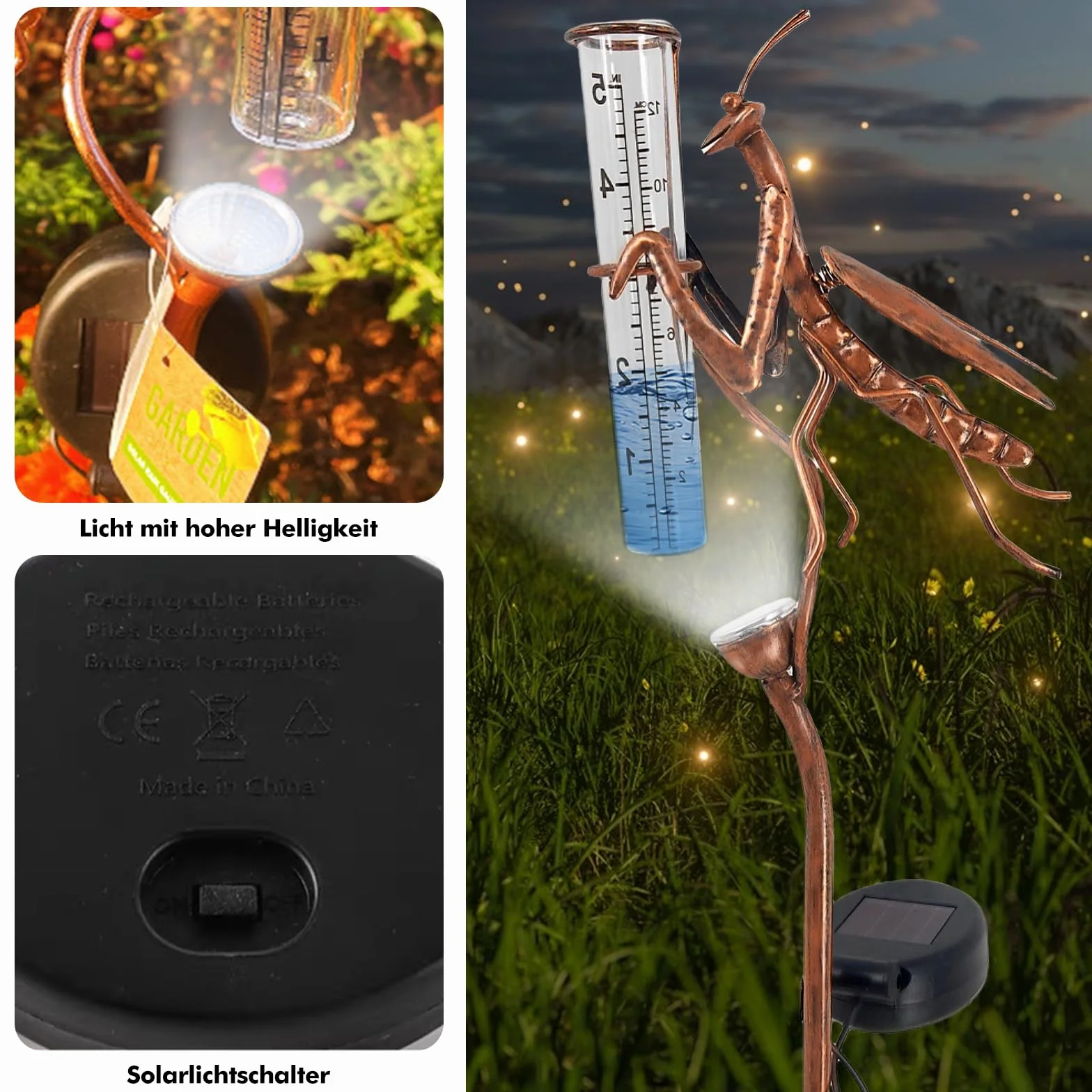 Pluviómetro solar de jardín con LED y estaca, vidrio resistente al congelamiento, medición precisa de precipitaciones
