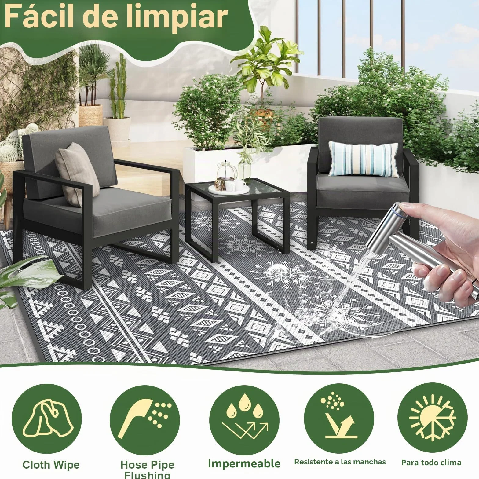 MOKANI Alfombra exterior impermeable reversible 150x240 cm plástico grande UV resistente