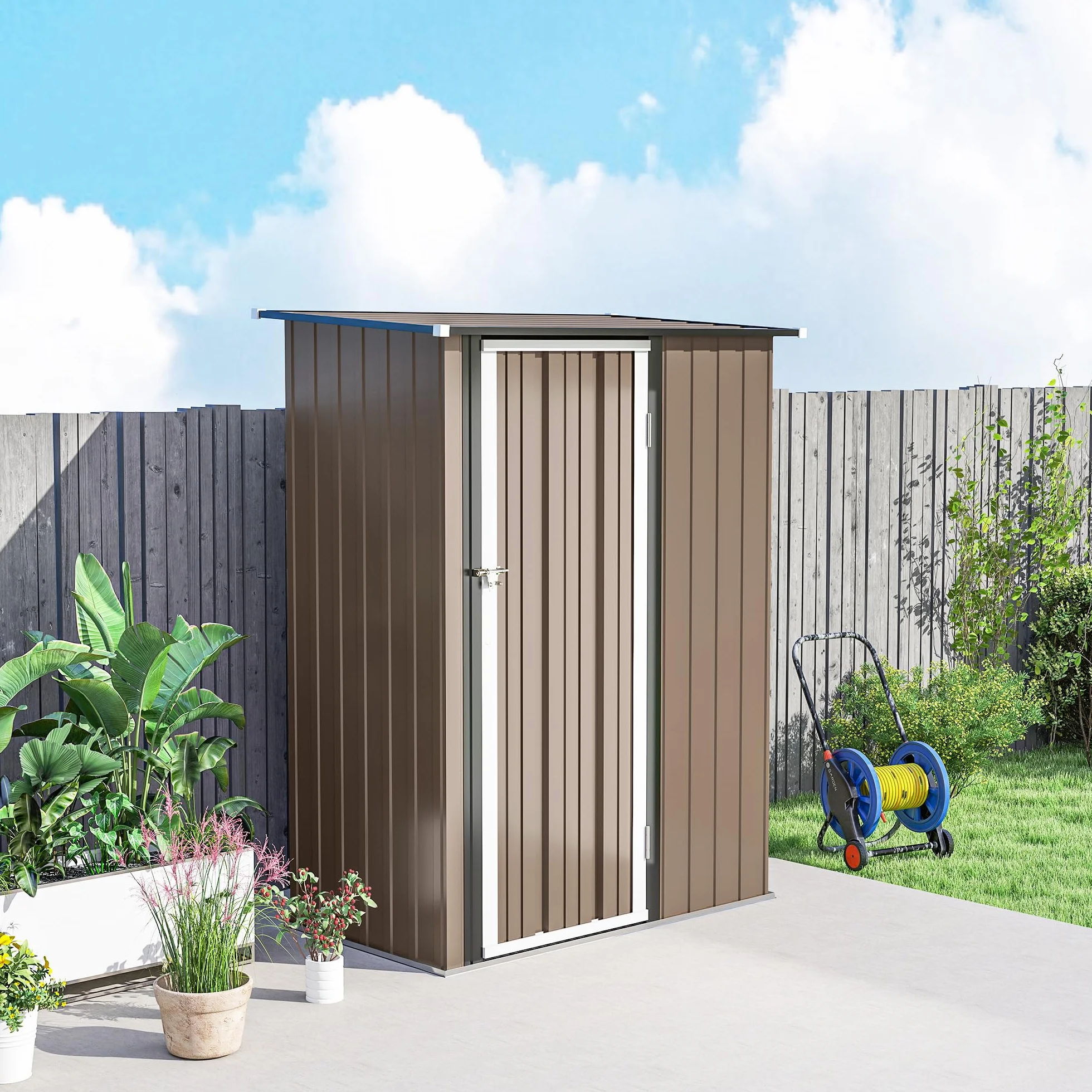 Outsunny Caseta de Jardín 1,07 m² 142x84x189 cm Cobertizo Exterior Metálico con Cerradura Marrón