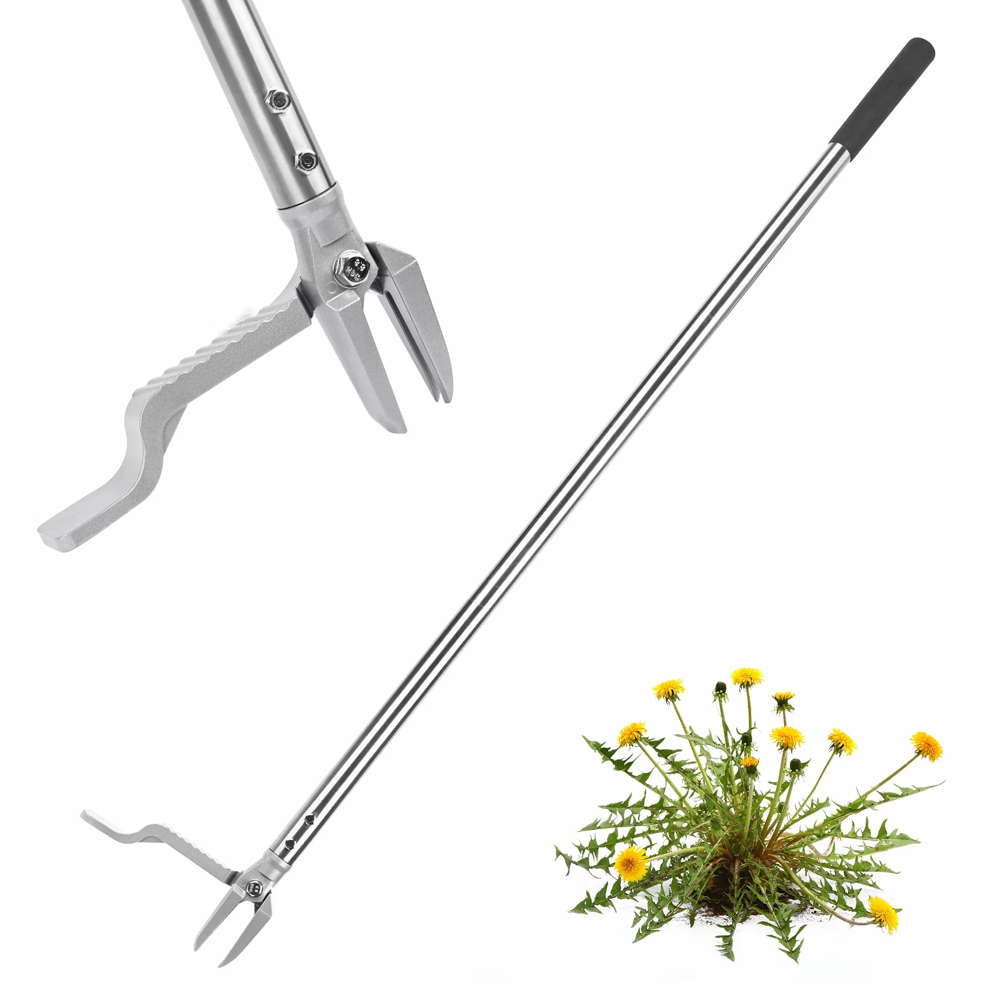 Baraystus Extractor de malas hierbas, herramienta de jardín con 3 garras y pedal, mango de acero inoxidable extraíble