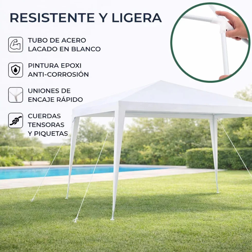 LOLAhome Carpa Cenador Gazebo Desmontable 3 x 3 m Blanco | con Tubos de Acero de Alta Resistencia, Protección UV, Rafia PE Resistente Lluvia| para Playa, Camping, Jardín, Patio, Terraza, Exteriores