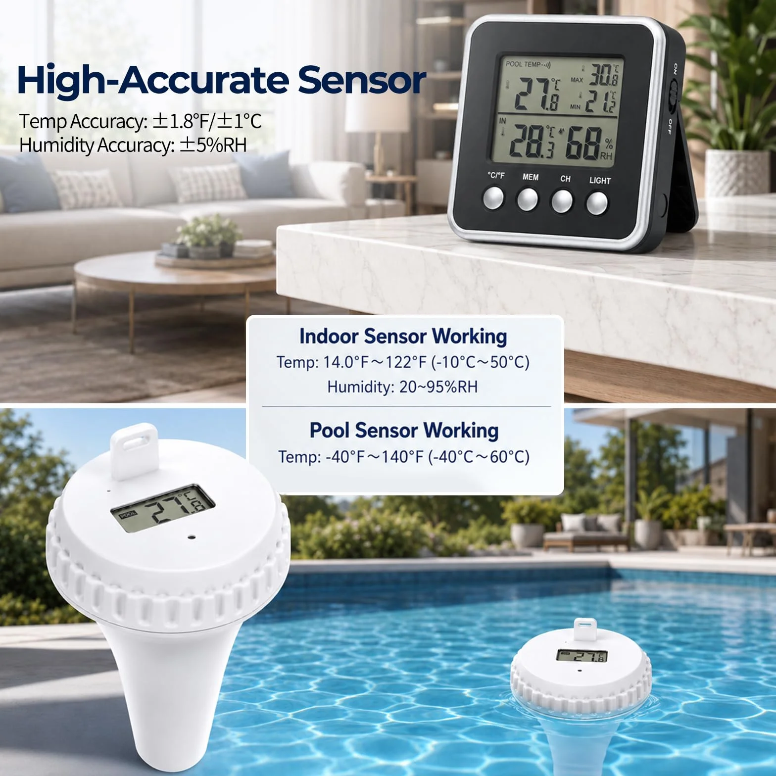 Termómetro de Piscina Inalámbrico 150m Sensor Flotante IPX8 Impermeable Monitor Interior Medición Tiempo Real
