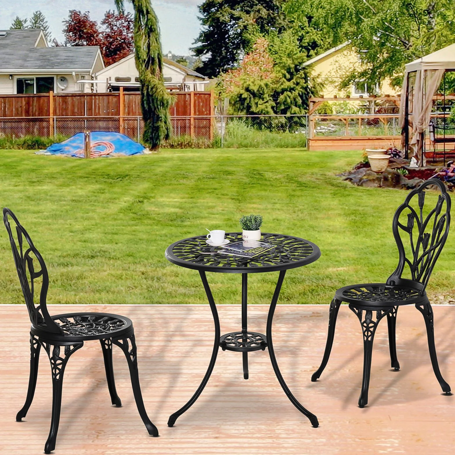 Outsunny Conjunto de Mesa y Sillas de Terraza Exterior de Aluminio de 3 Piezas Muebles de Jardín con Respaldo con Patrón de Tulipán y Mesa con Orificio para Sombrilla Negro