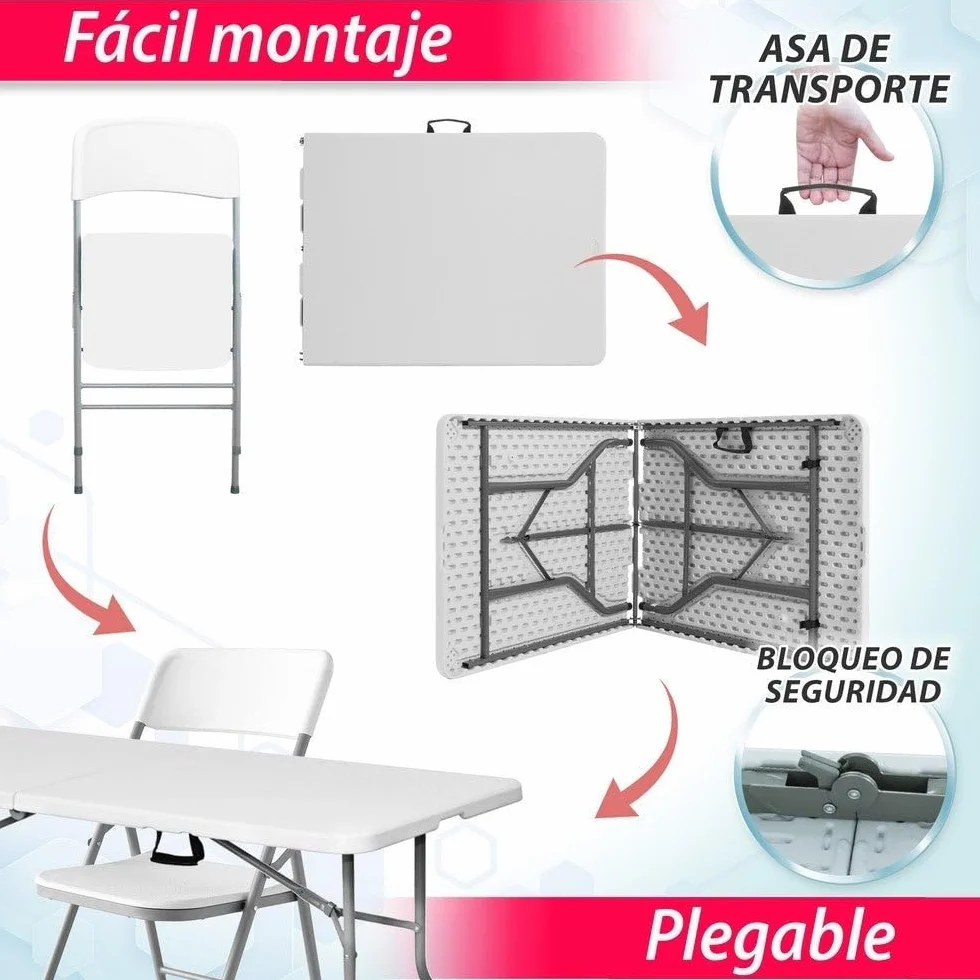 LOLAhome Conjunto Mesa 180 cm y 6 Sillas Plegable, de Acero Anticorrosión y HDPE | Resistente, fácil Transporte, fácil Montaje | Ideal Acampadas, Picnic, Catering, Jardín, Terraza