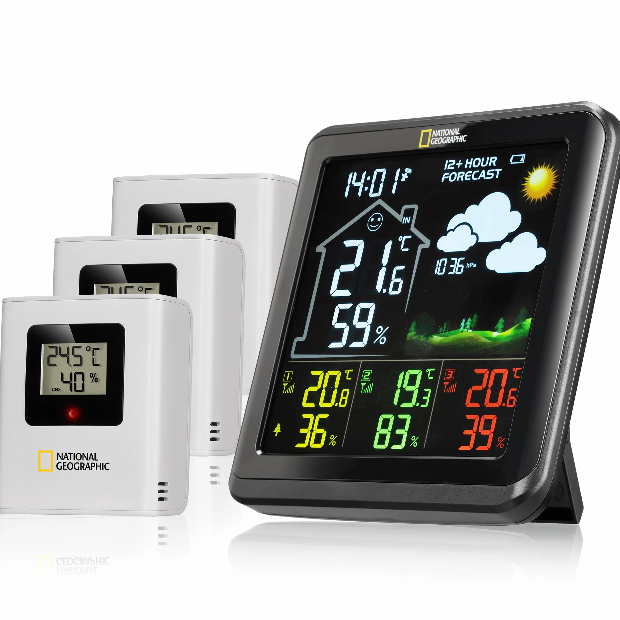 National Geographic Estación meteorológica radiocontrolada con Sensor Exterior, estación meteorológica VA a Color con 4 rangos de medición para Interior o Exterior, Negra