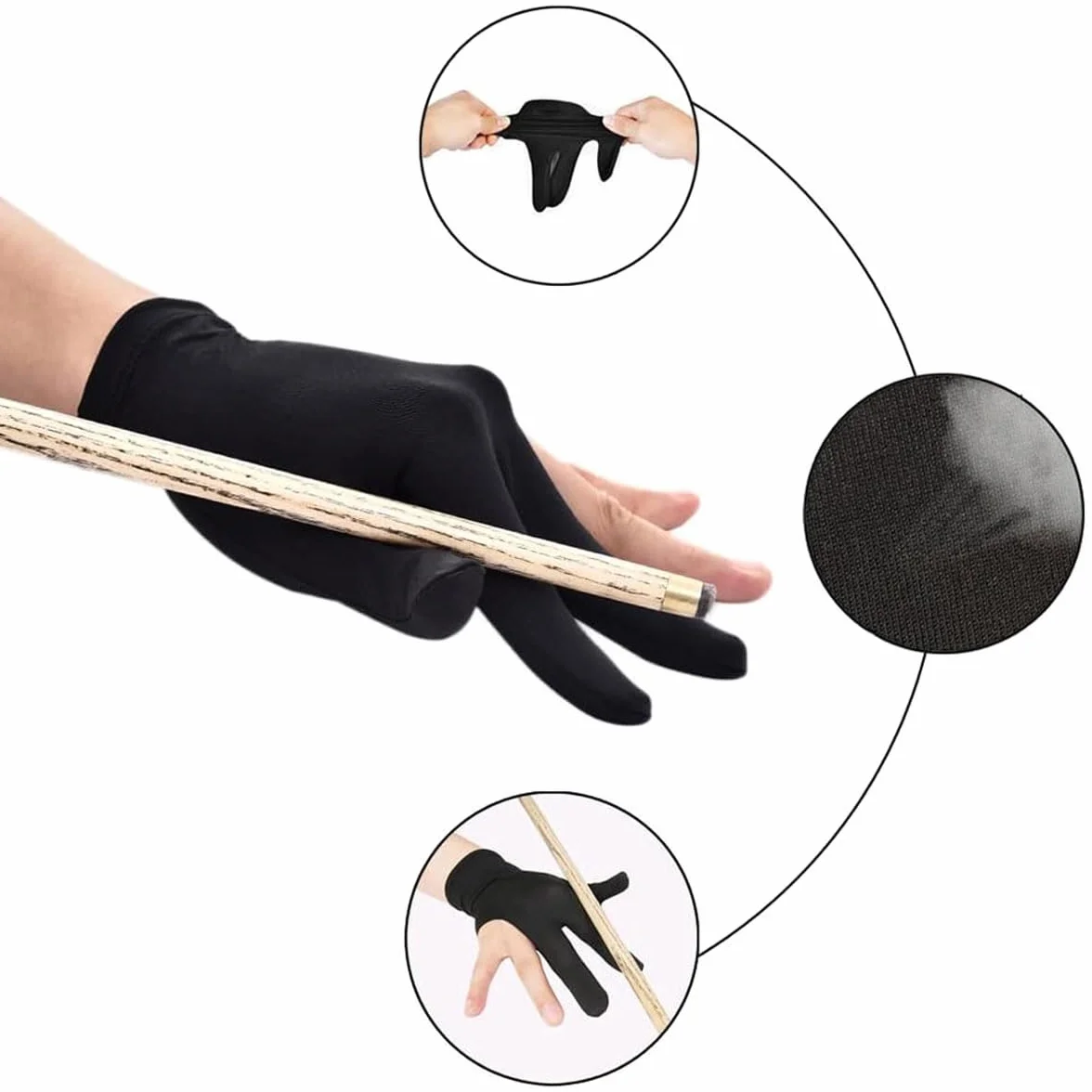 Guante de Billar 3 Dedos Negro Malla Elástico Unisex 8 Unidades