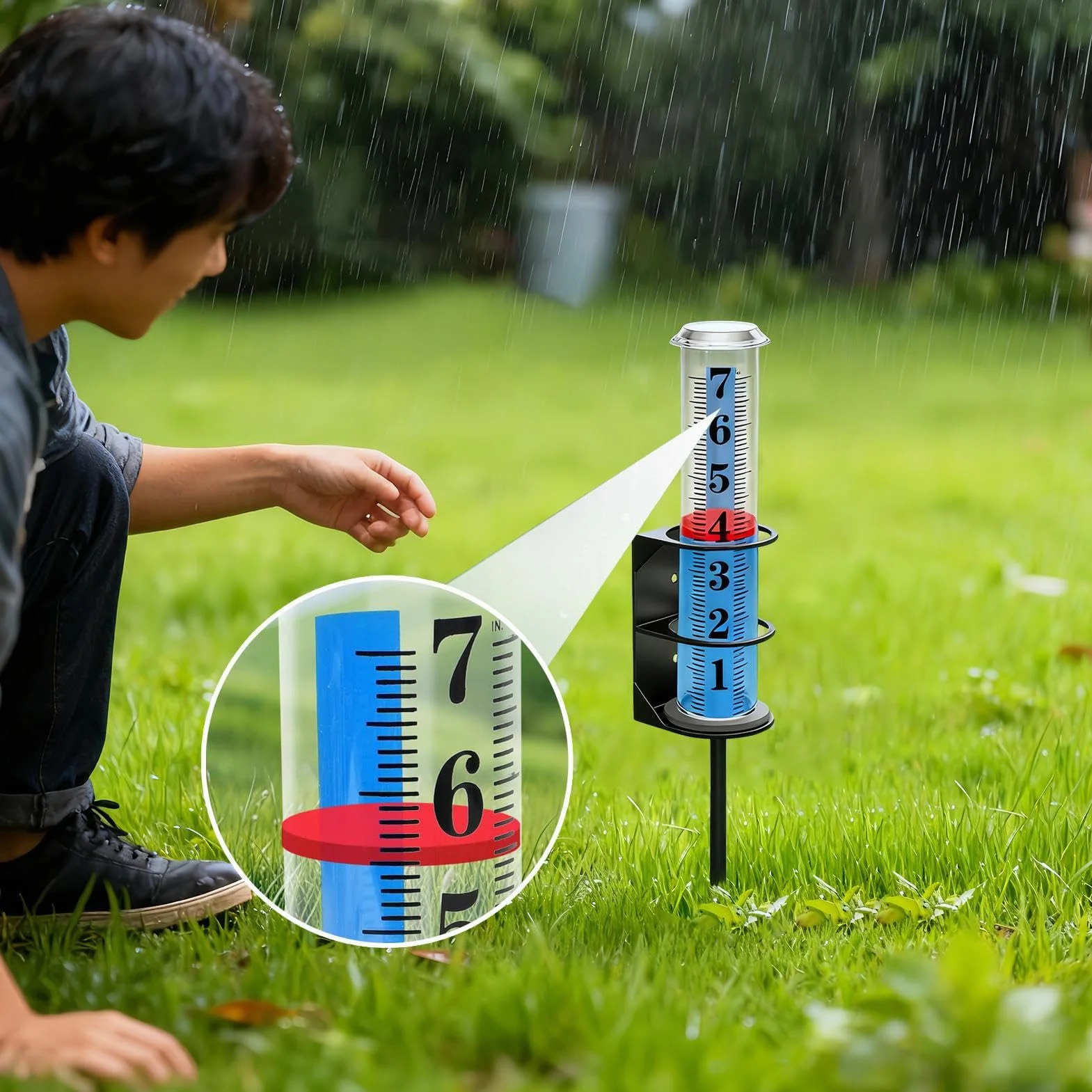 Pluviómetro Exterior, Medidor de Lluvia Preciso con Estaca, Cifras Grandes Claras, Altura Ajustable para Jardín