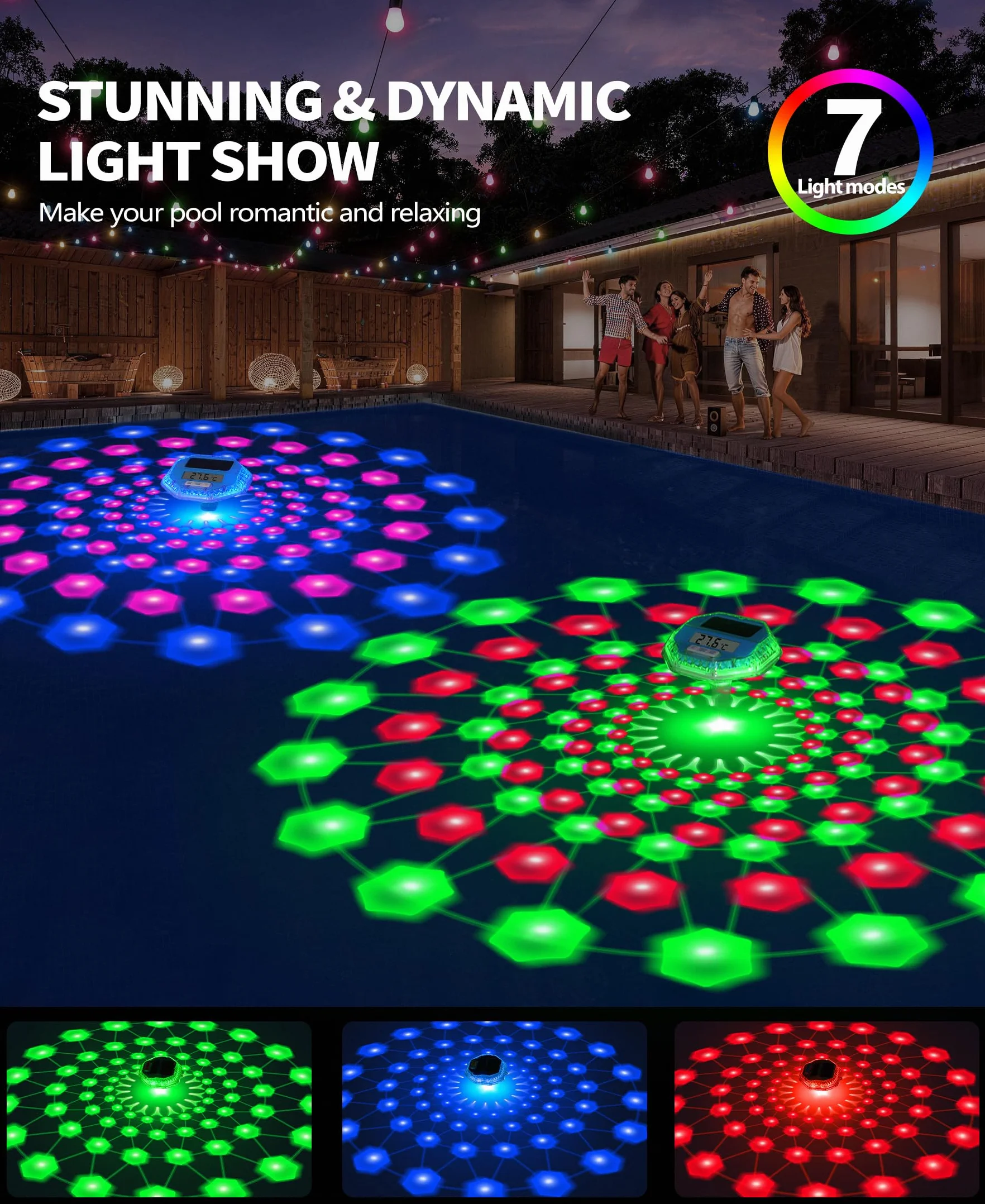 LanBlu Termómetro Piscina Flotante Solar con Luces, Pantalla LCD para Agua Piscina SPA Estanque