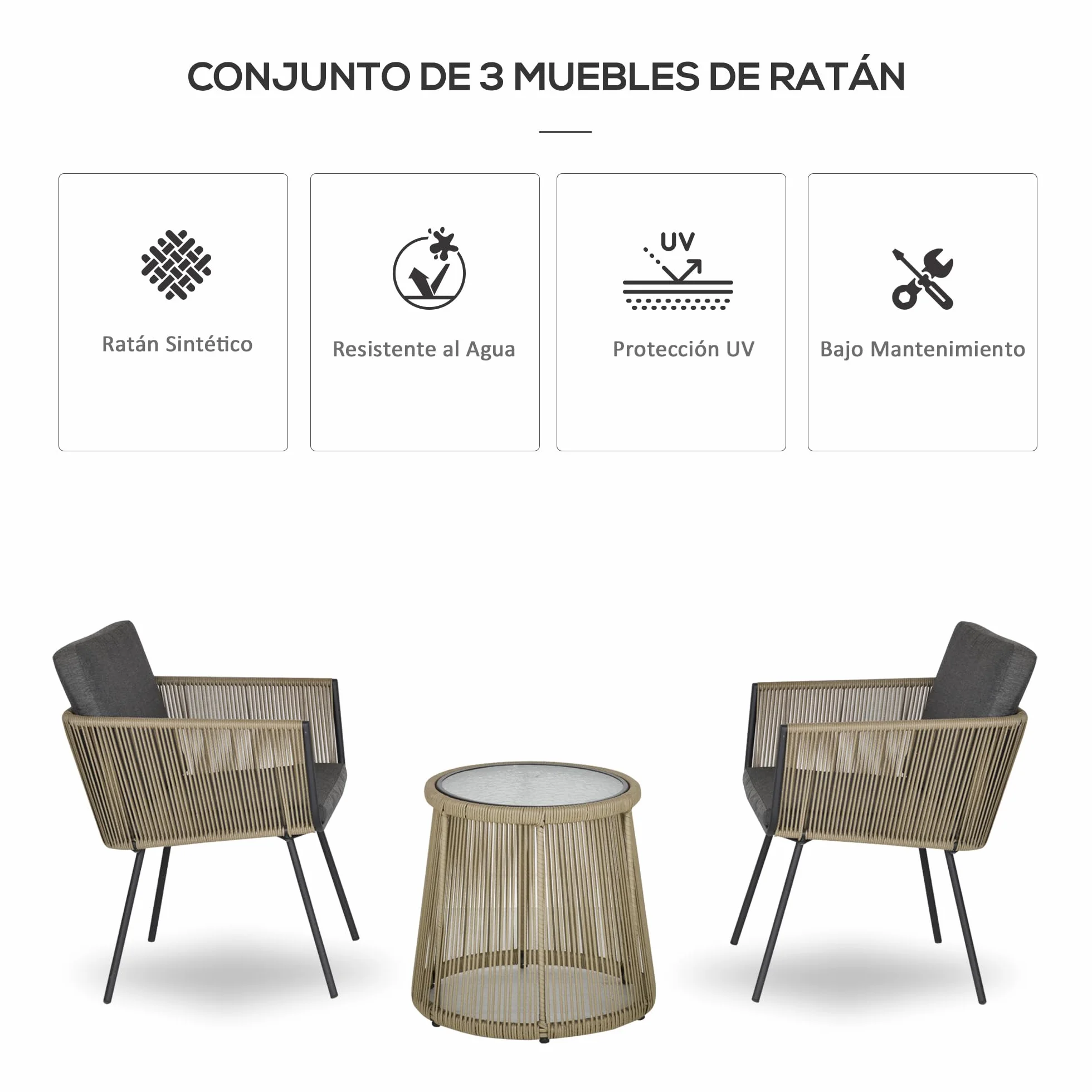 Outsunny Conjunto de Jardín 3 Piezas Silla y Mesa Ratán Cojines Vidrio Balcón Terraza Gris
