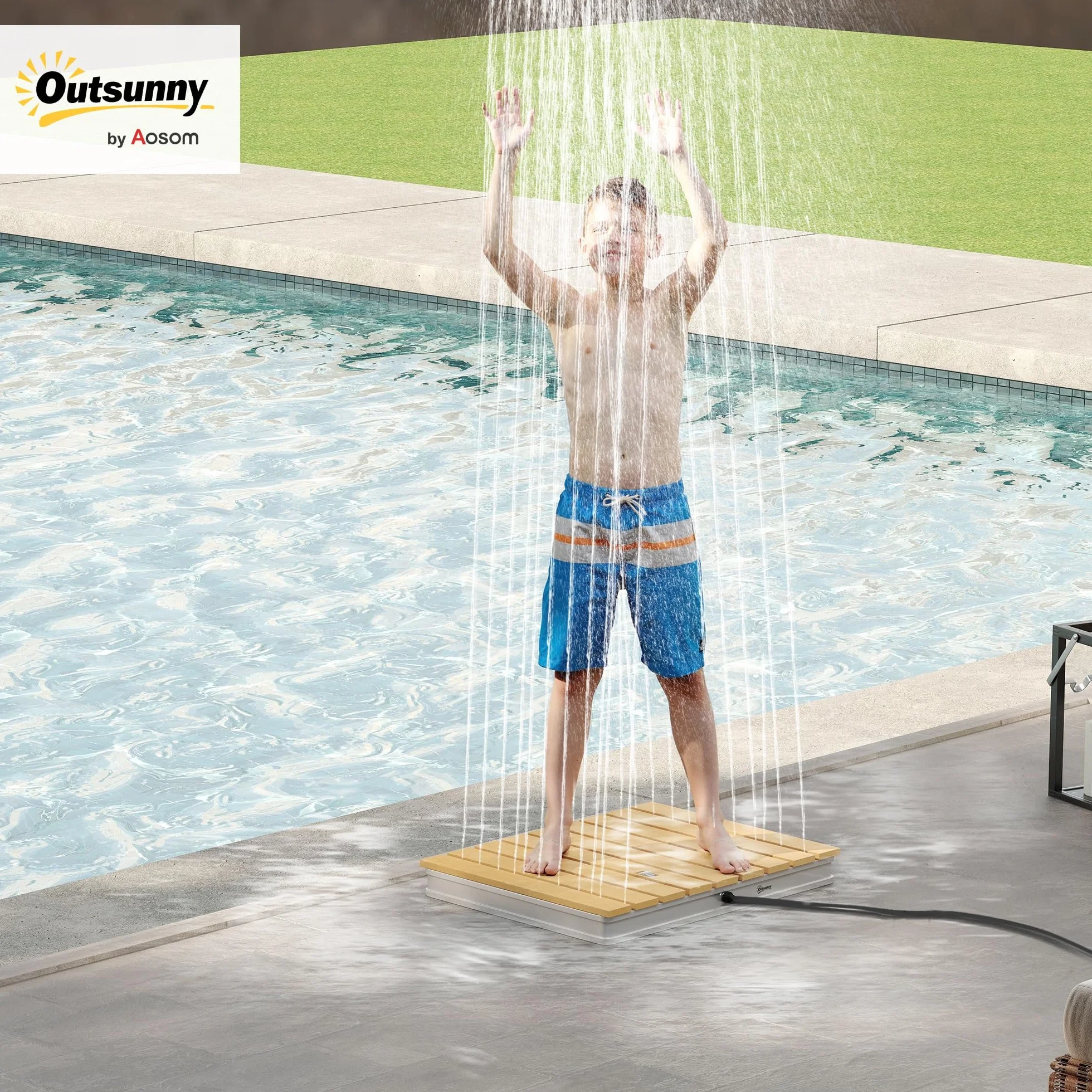 Outsunny Ducha de Jardín Portátil 70,5x55 cm Exterior Suelo Altura Ajustable 4 m Aluminio Resistente Agua Rayos UV Heladas Camping Piscina Playa