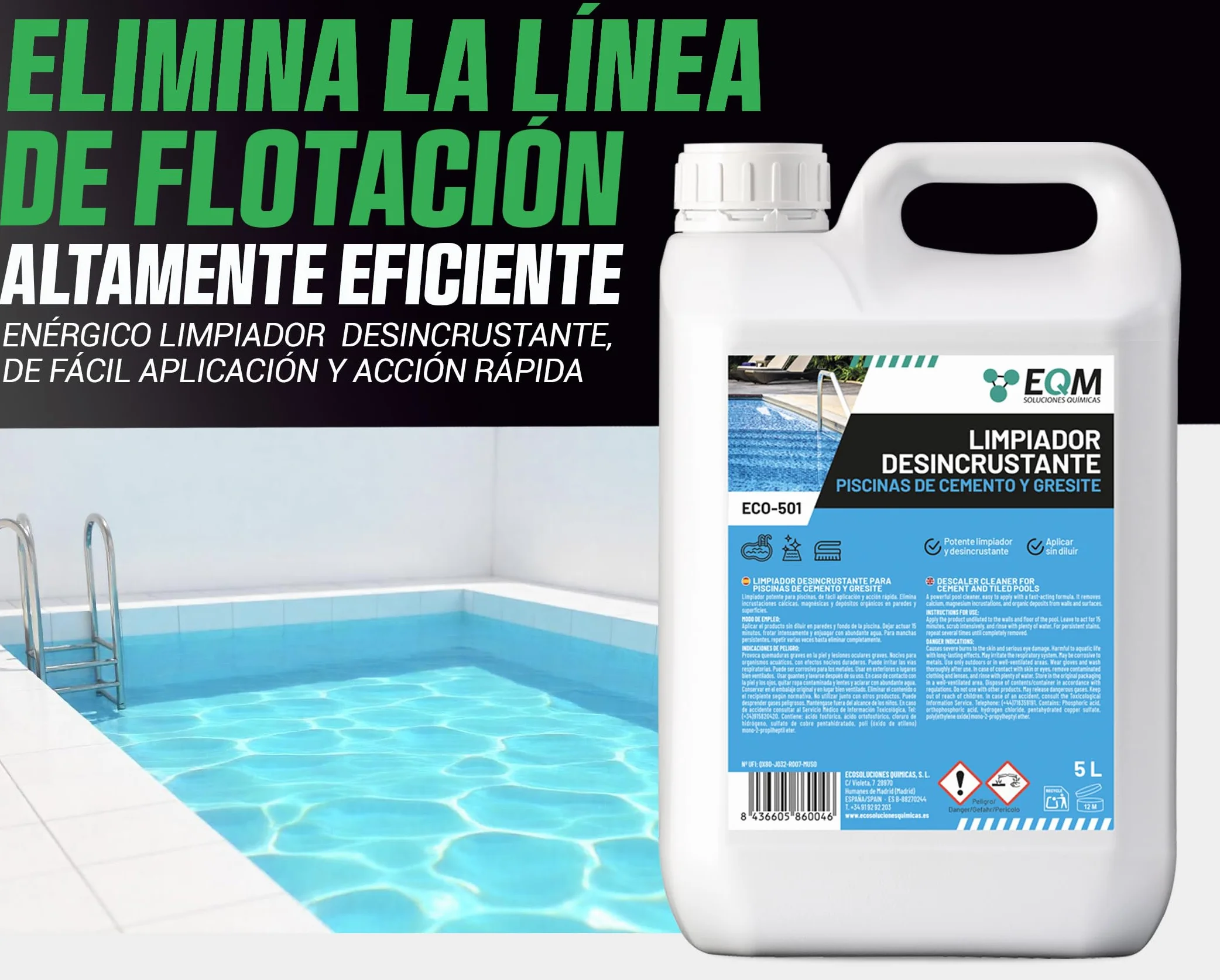 EQM ECO-501 Limpiador Desincrustante Piscinas Cemento-Gresite 5L