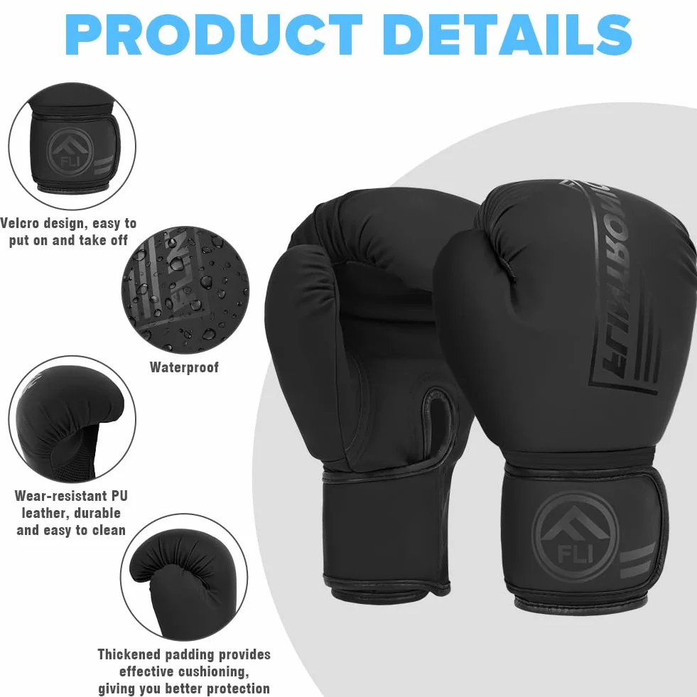 flintronic Guantes de Boxeo para Adulto, Cuero Premium, Entrenamiento MMA Muay Thai Kickboxing Negro