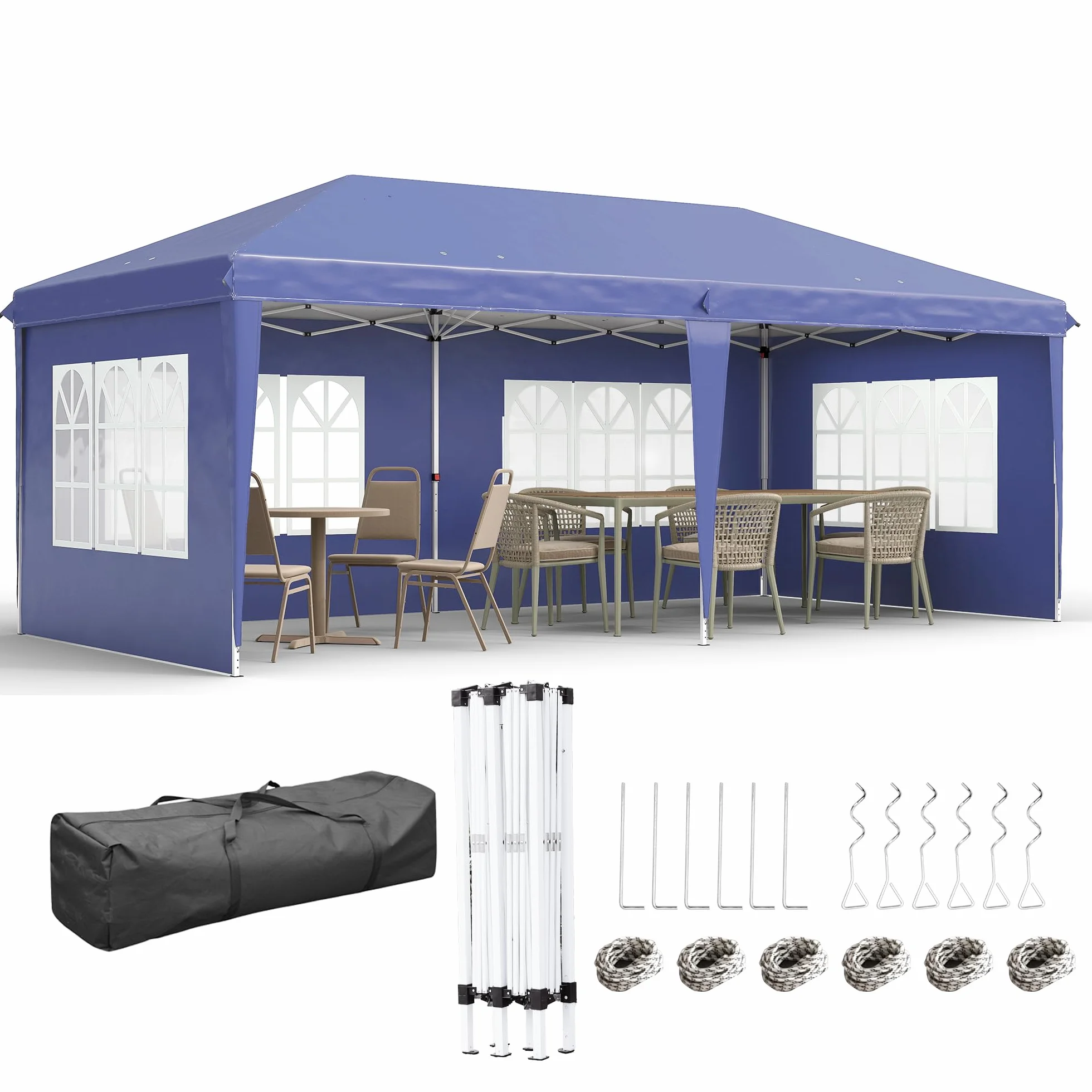 Outsunny Carpa Plegable 6x3 m, Pop-up, con 4 Laterales Desmontables, Cenador de Jardín con 4 Ventanas Visibles y Bolsa de Transporte, Impermeable, Anti-UV, Gazebo para Camping, Fiestas, Exterior Azul