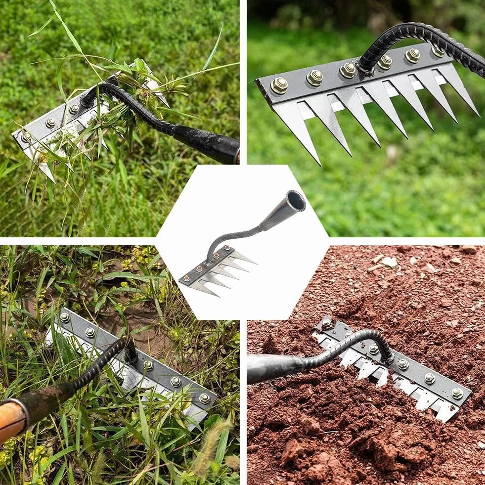 Rastrillo de mano de acero al manganeso de 8 dientes para jardinería y deshierbe